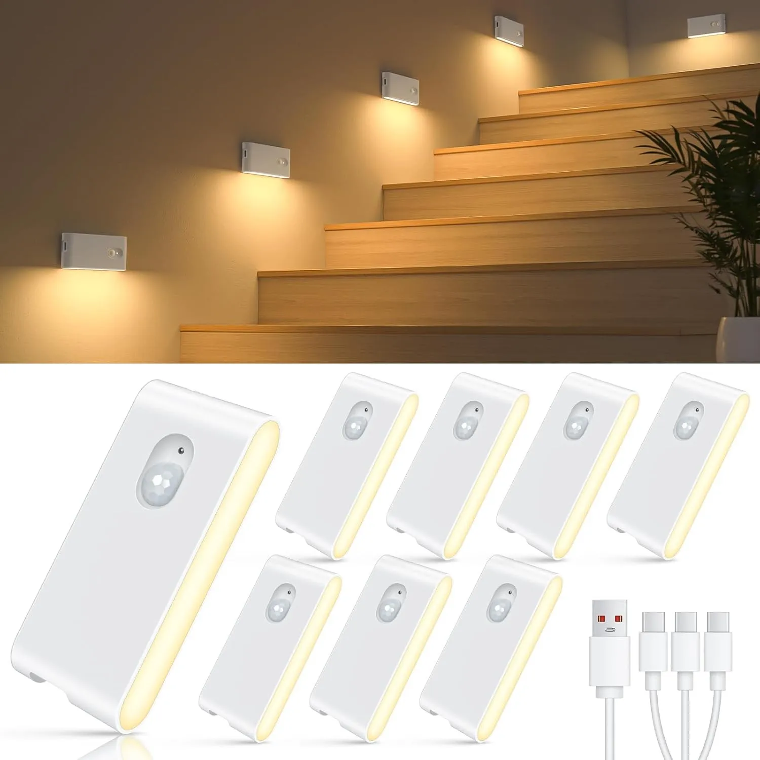 WILLED Nachtlicht mit Bewegungsmelder,USB-C Aufladbare Treppenlicht 8 Stück | Treppenbeleuchtung mit Bewegungsmelder un…