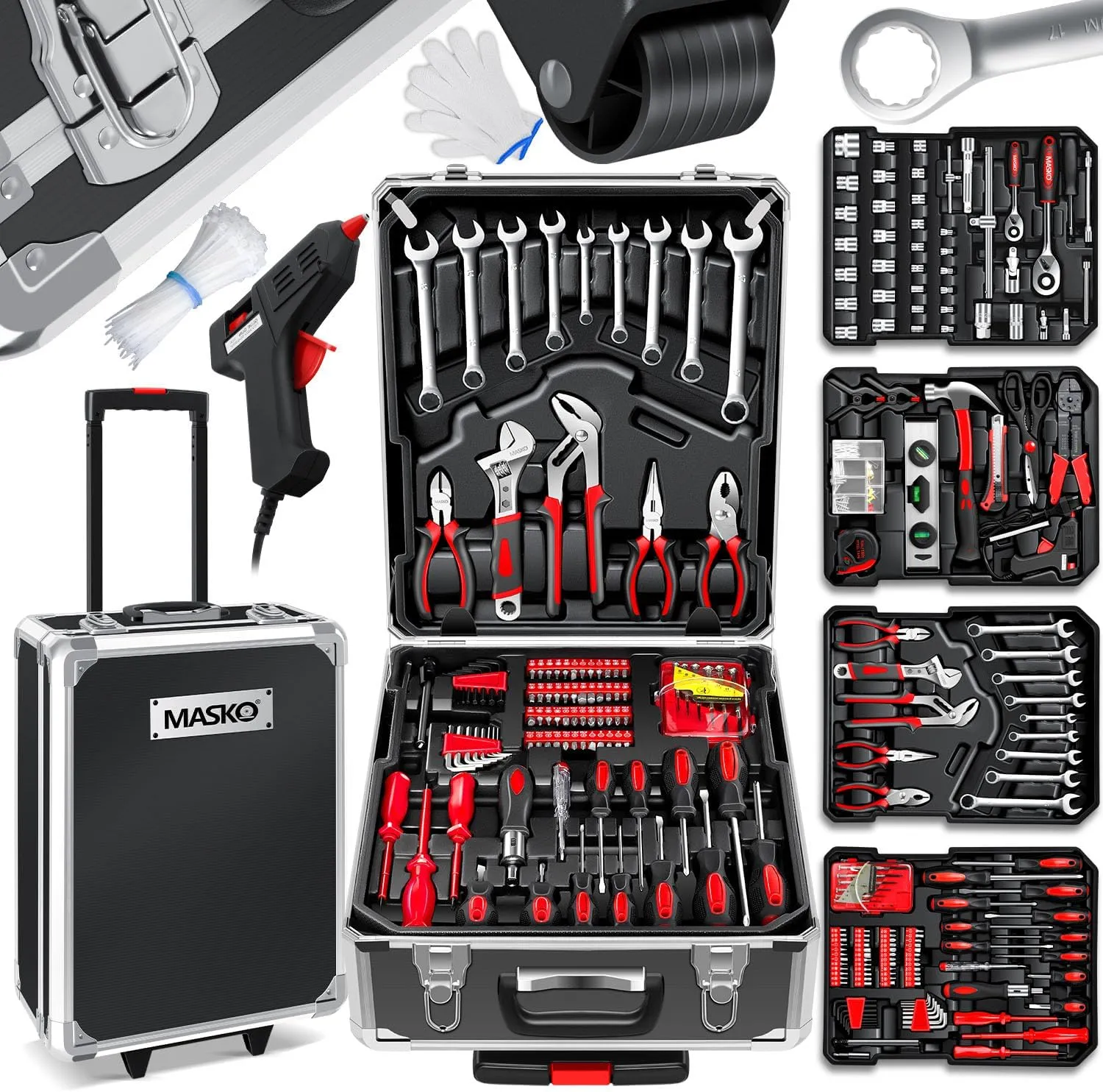 MASKO® Werkzeugkoffer 1400-teilig gefüllt | Werkzeugset im Aluminiumkoffer | Werkzeugkasten mit Rollen | Werkzeugkiste …