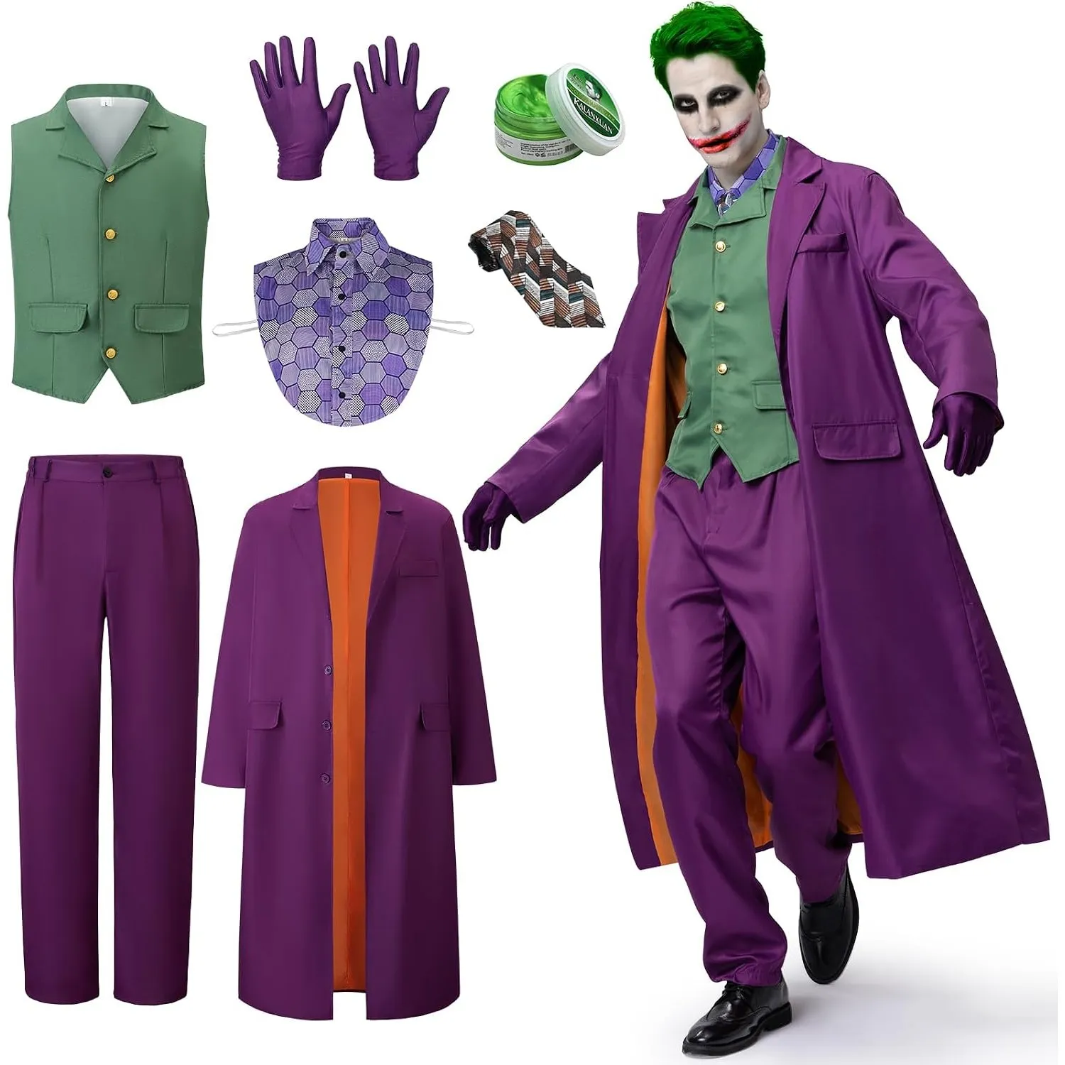 IEEILULU Joker Kostüm Herren, Horror Clown Kostüm Herren Halloween Killer Joker Outfit Set mit Lila Mantel, Grüne Weste…