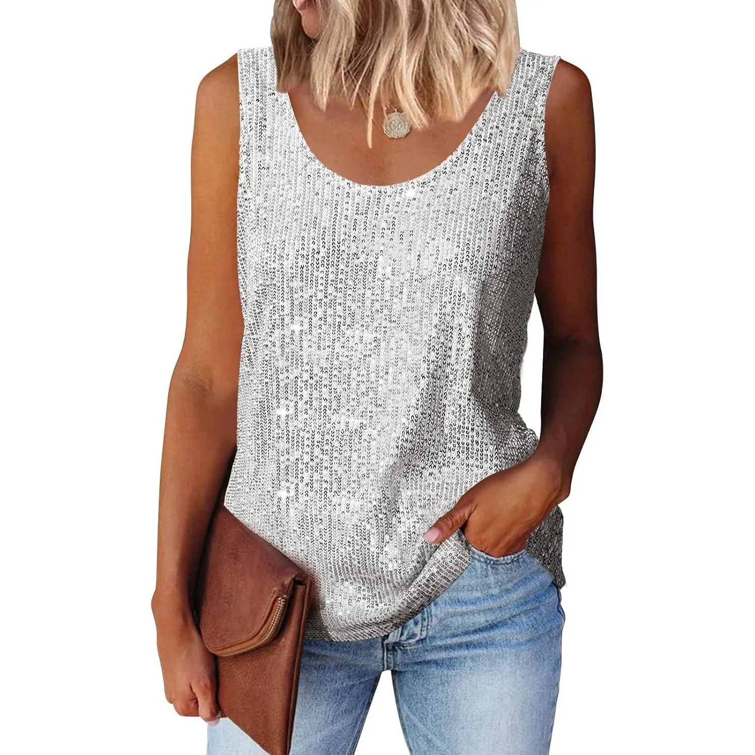 Damen Lockeres Pailletten Glitzer Tank Tops Festival Party Outfit