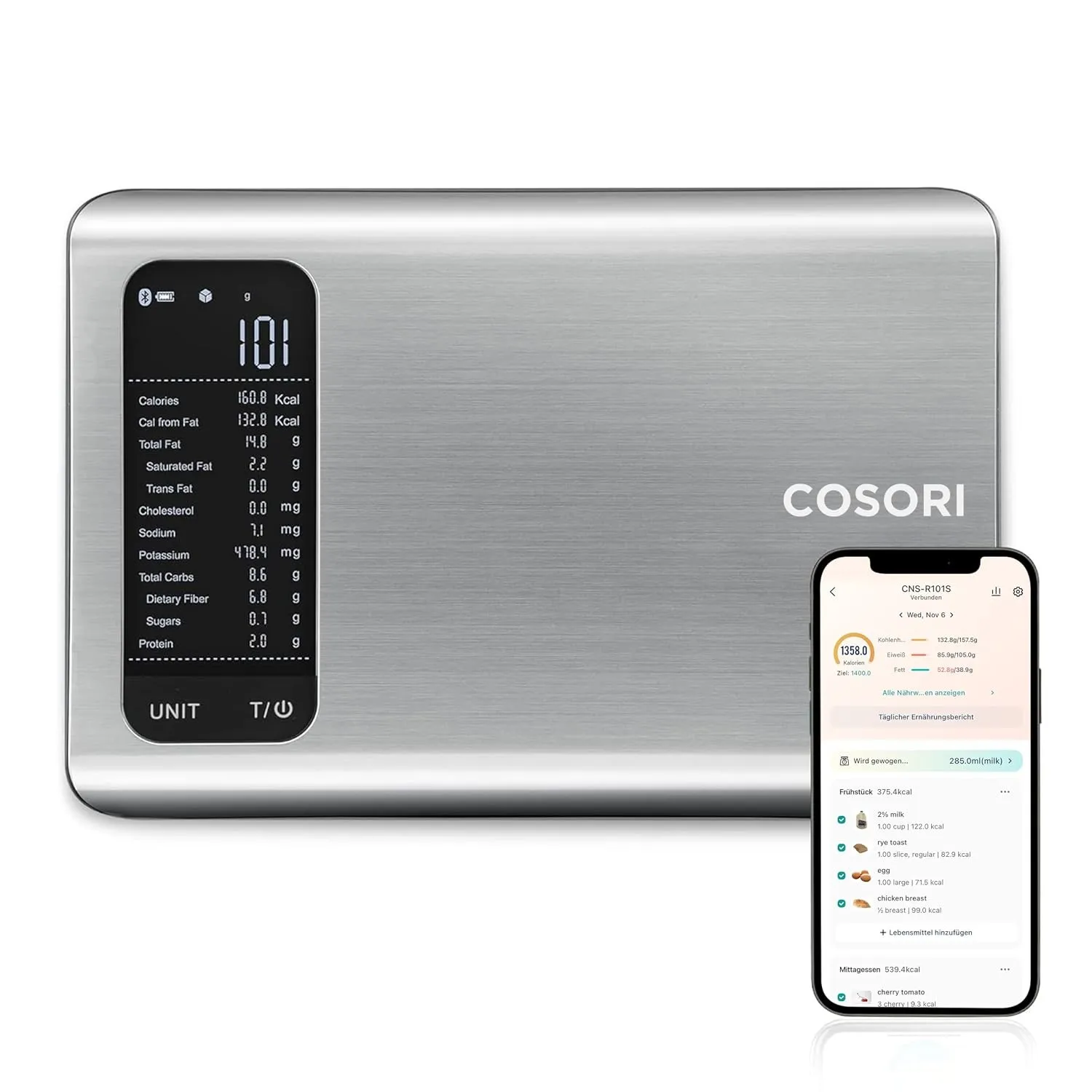 Cosori Edelstahl Küchenwaage digital,Waage Küche mit APP Nährwertberechnung