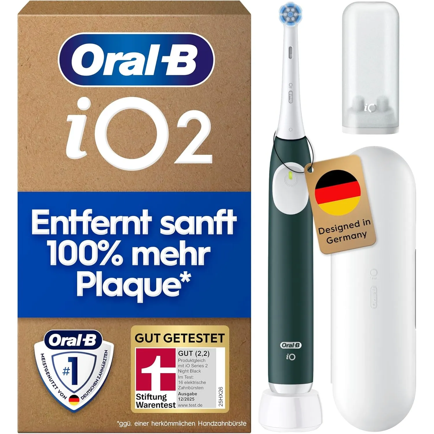 Oral-B iO Series 2 Elektrische Zahnbürste, Grün | Inkl. 1 Aufsteckbürste, Reise-Etui, GUT GETESTET von STIFTUNG WARENTE…