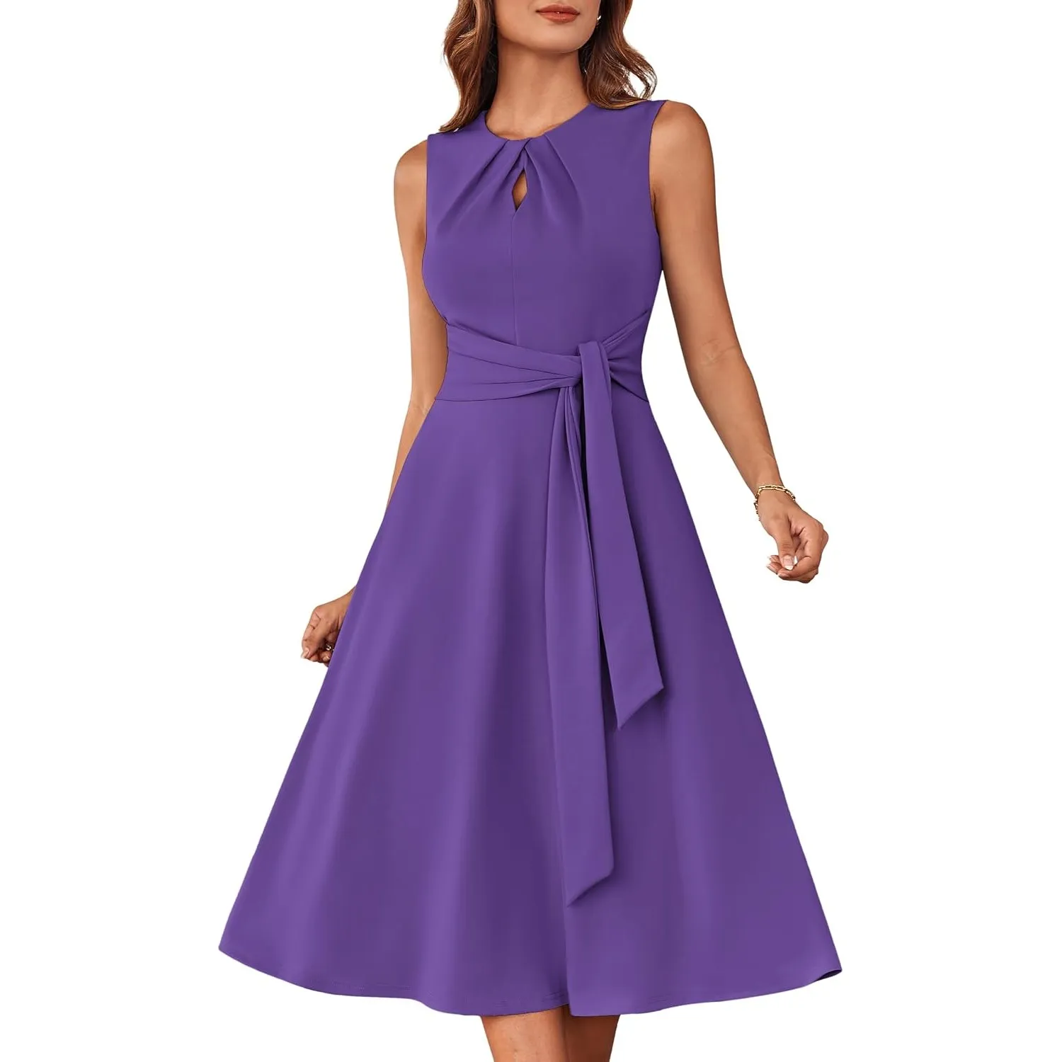 GRACE KARIN Damen A-Linien-Midikleid Ärmelloses Rundhalskleid mit Gürteltaschen Party Club Alltag Arbeit Hochzeit