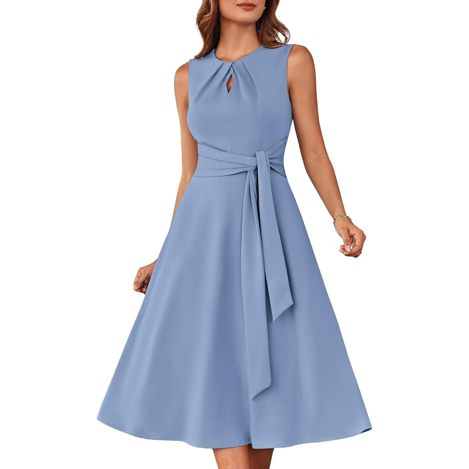 GRACE KARIN Damen A-Linien-Midikleid Ärmelloses Rundhalskleid mit Gürteltaschen Party Club Alltag Arbeit Hochzeit
