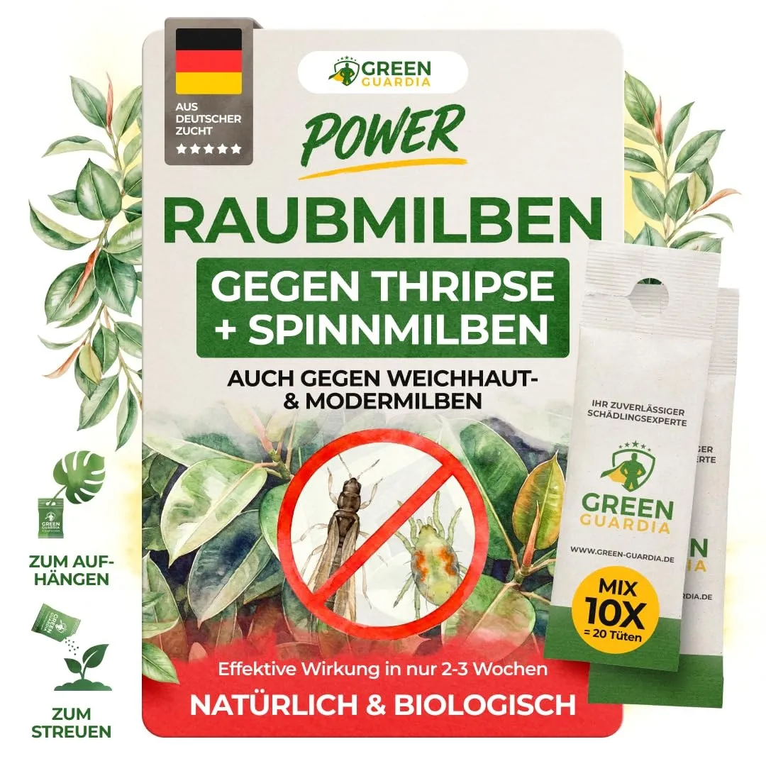 GREEN GUARDIA Power Raubmilben Mix gegen Thripse & Spinnmilben– 10 Mix mit 20 Tüten -Biologisches Mittel zur effektiven…