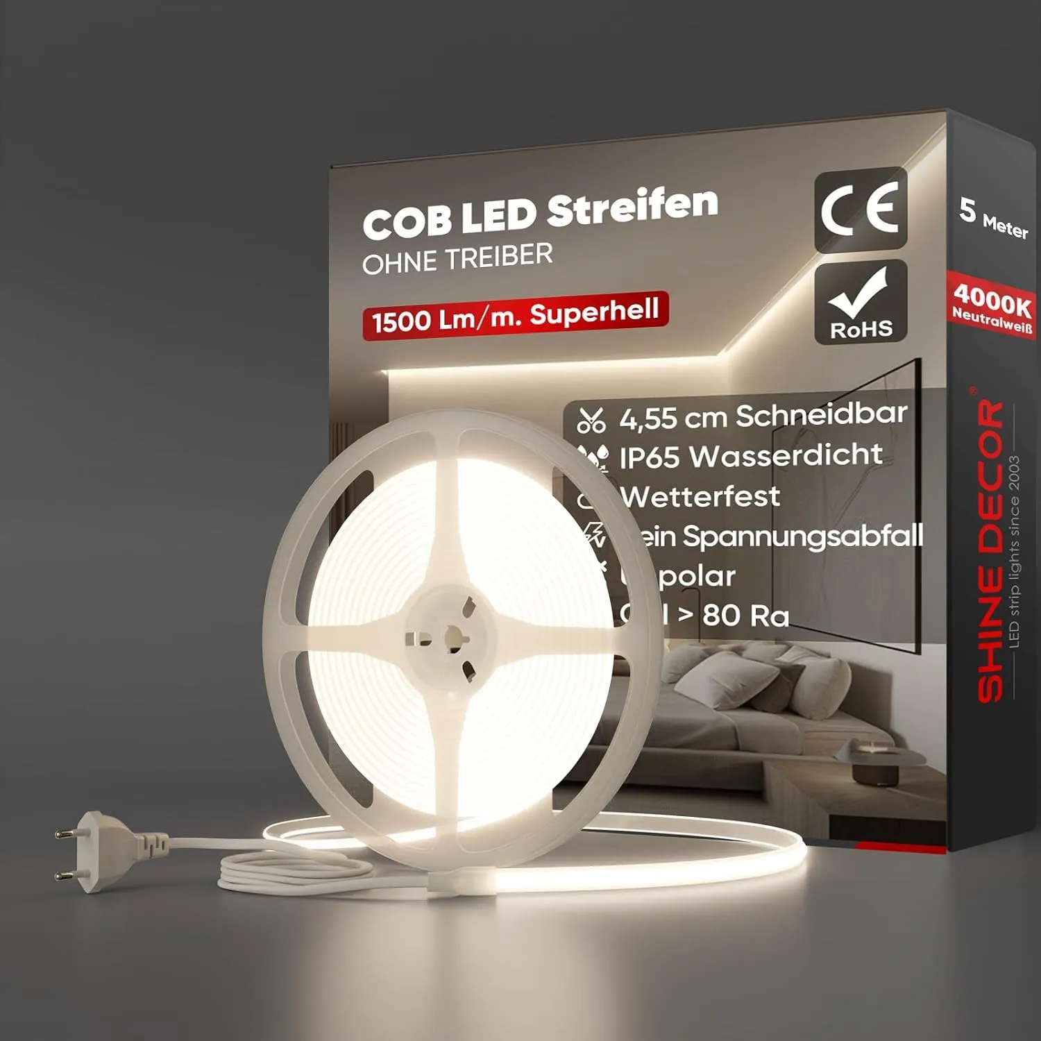 Shine Decor COB LED Streifen 5m, AC 220V 230V IP65 Wasserdicht LED Band, SMD2025 286 leds/m Ultrahohe Helligkeit Lichtl…