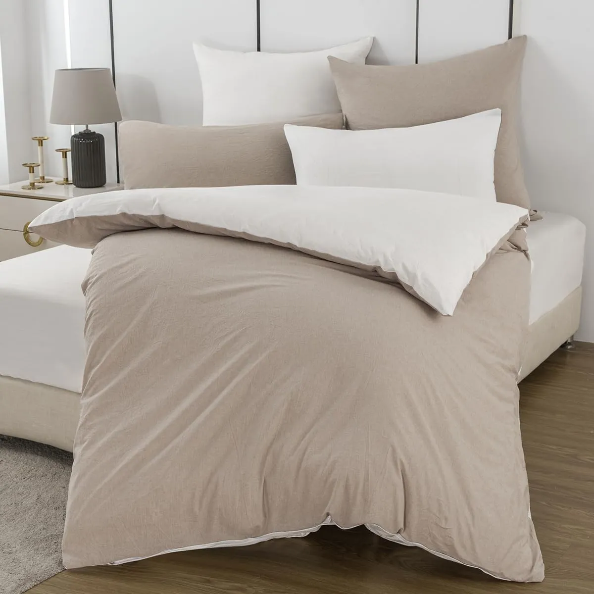 Bettwäsche 155x220 Baumwolle 2teilig, Beige/Weiß