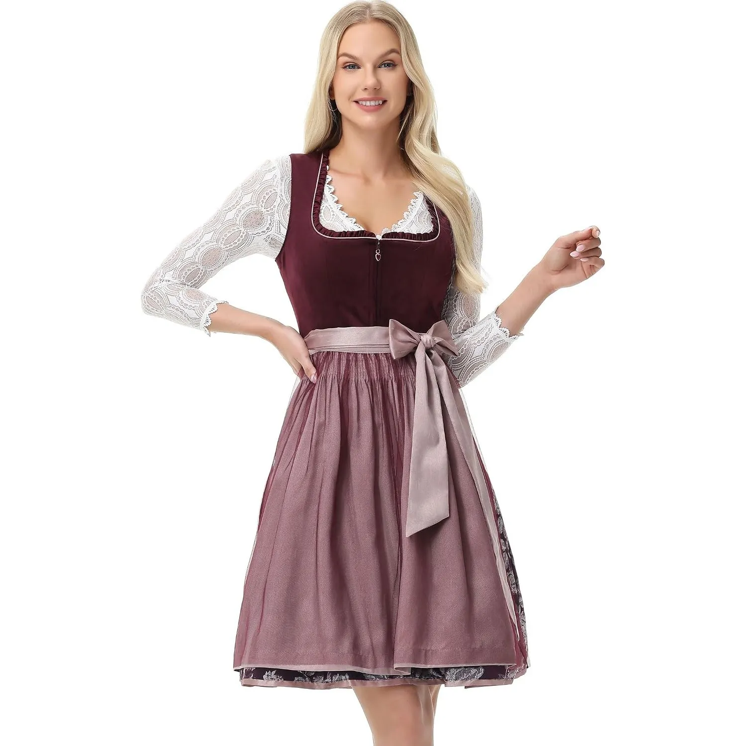 TrendiMax Damen Midi Dirndl - Elegantes Trachtenkleid Samt Dirndlkleid für Oktoberfest mit Dirndlschürze 34-46