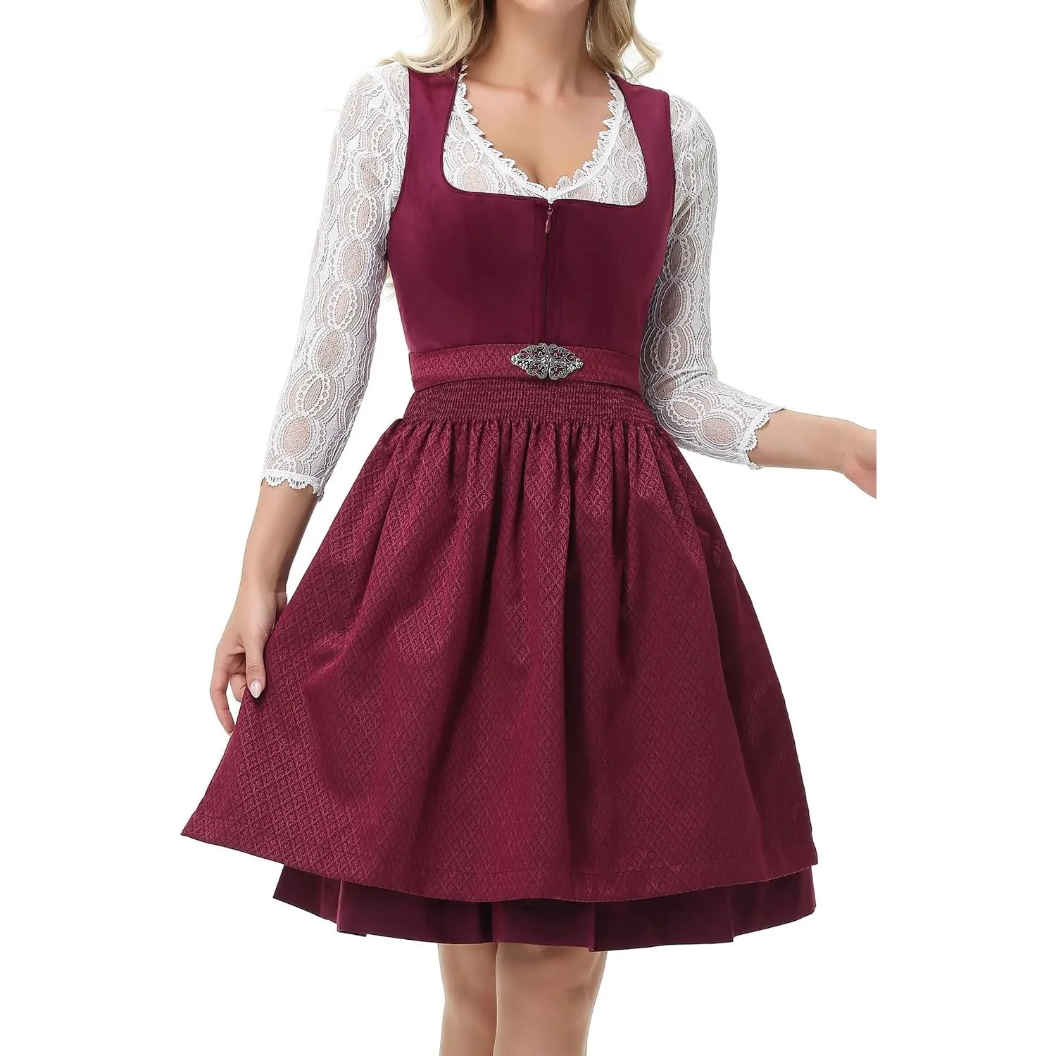 TrendiMax Damen Midi Dirndl - Elegant Samt Dirndlkleid Trachtenkleid für Oktoberfest mit Blumenmuster Schürze 34-46
