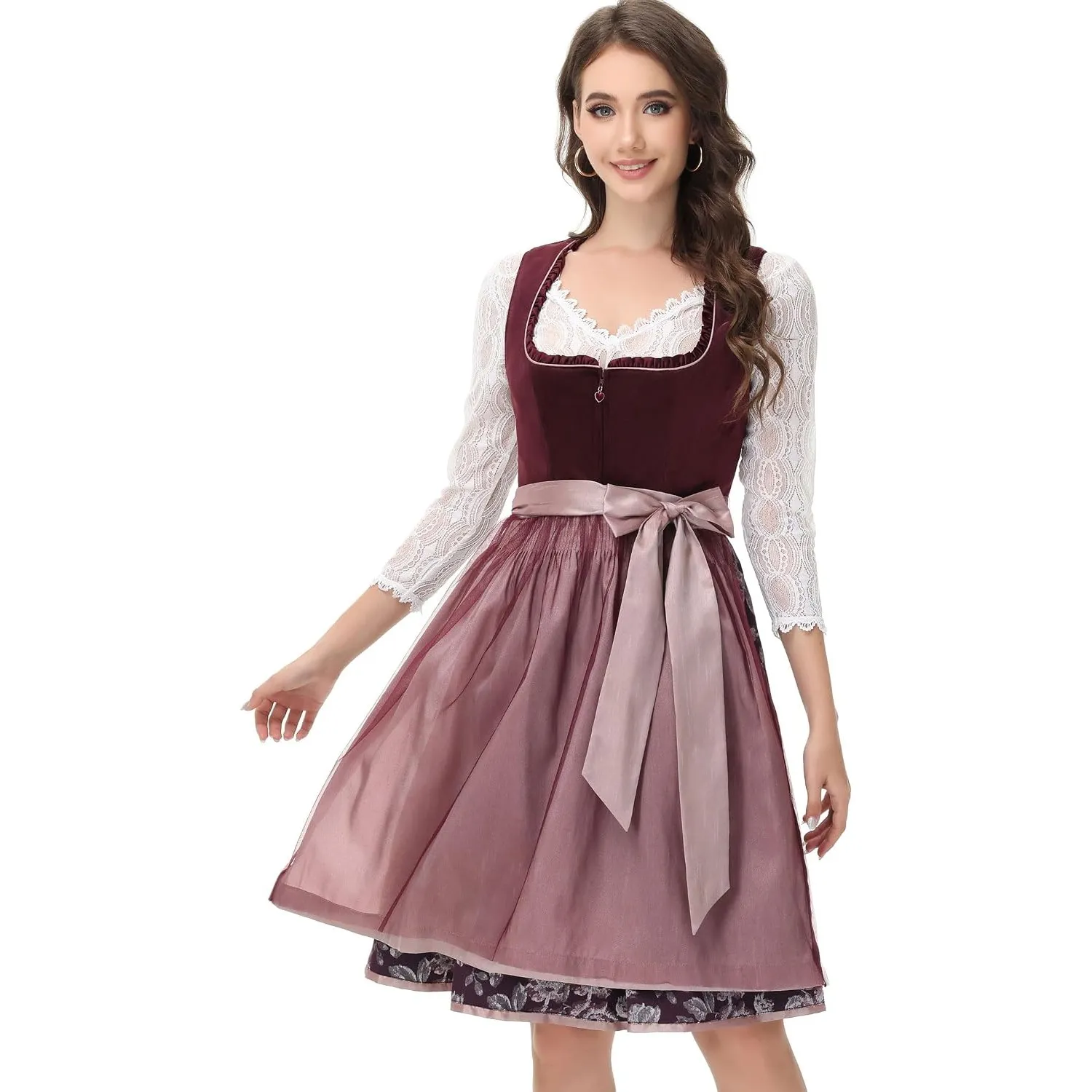 ELFIN Damen Midi Dirndl, Elegante Trachtenkleid, Samt Damen Dirndlkleid mit Plissee Schürze, Perfekt für Oktoberfest