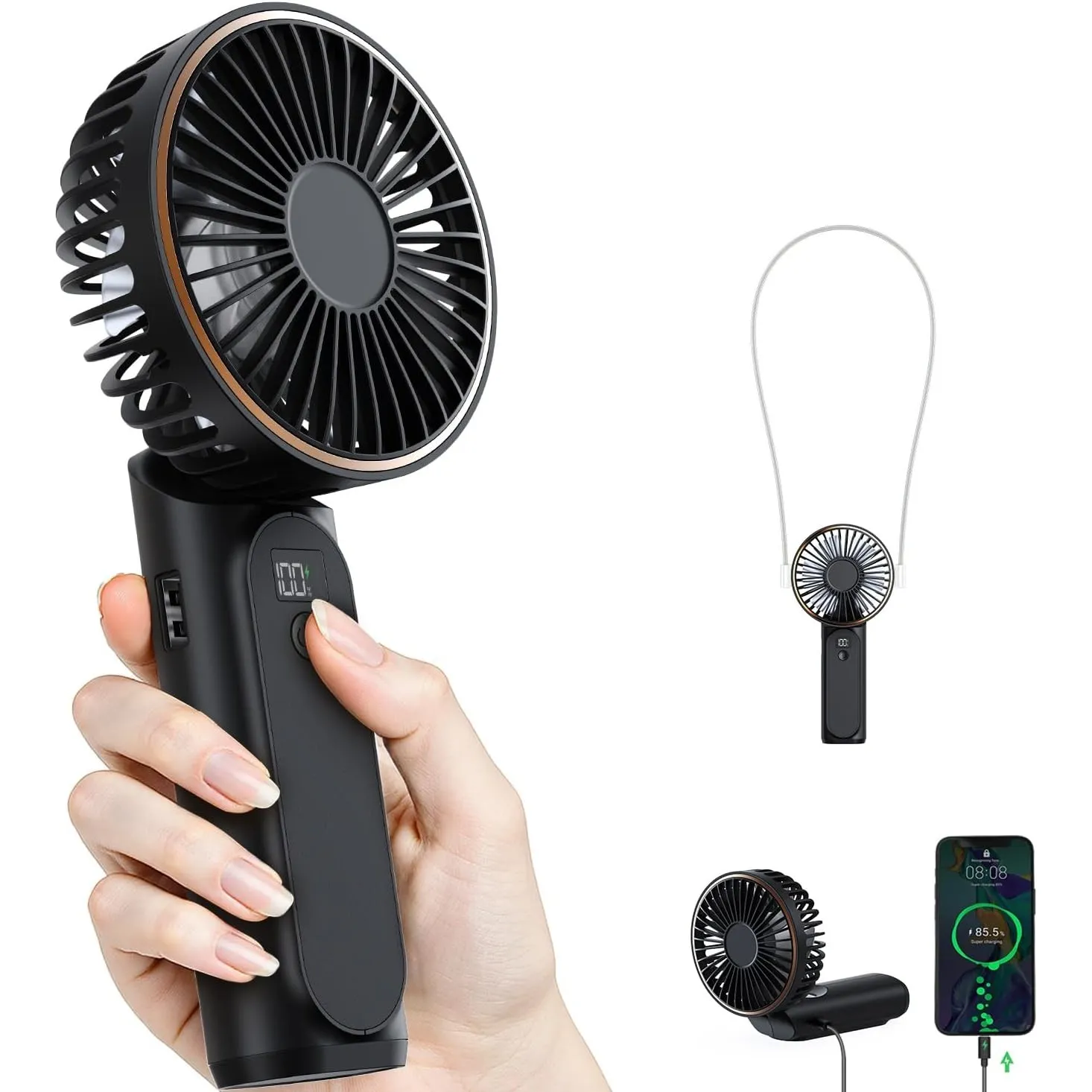 Tragbarer Mini-Ventilator Mit 4000mAh LED-Display, 180° Verstellbar und Wiederaufladbar - 6 Geschwindigkeiten, Mit Powe…