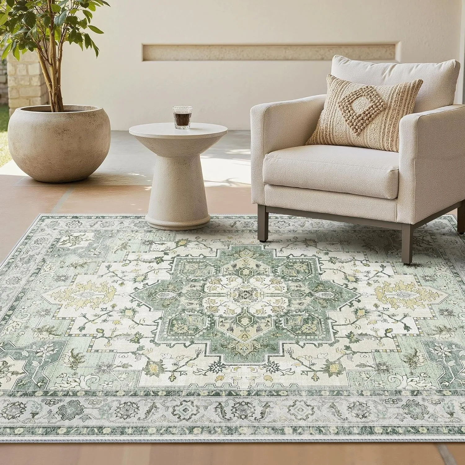 GENIMO Vintage Wohnzimmer Grün Teppich 160x230cm Waschbar & rutschfest