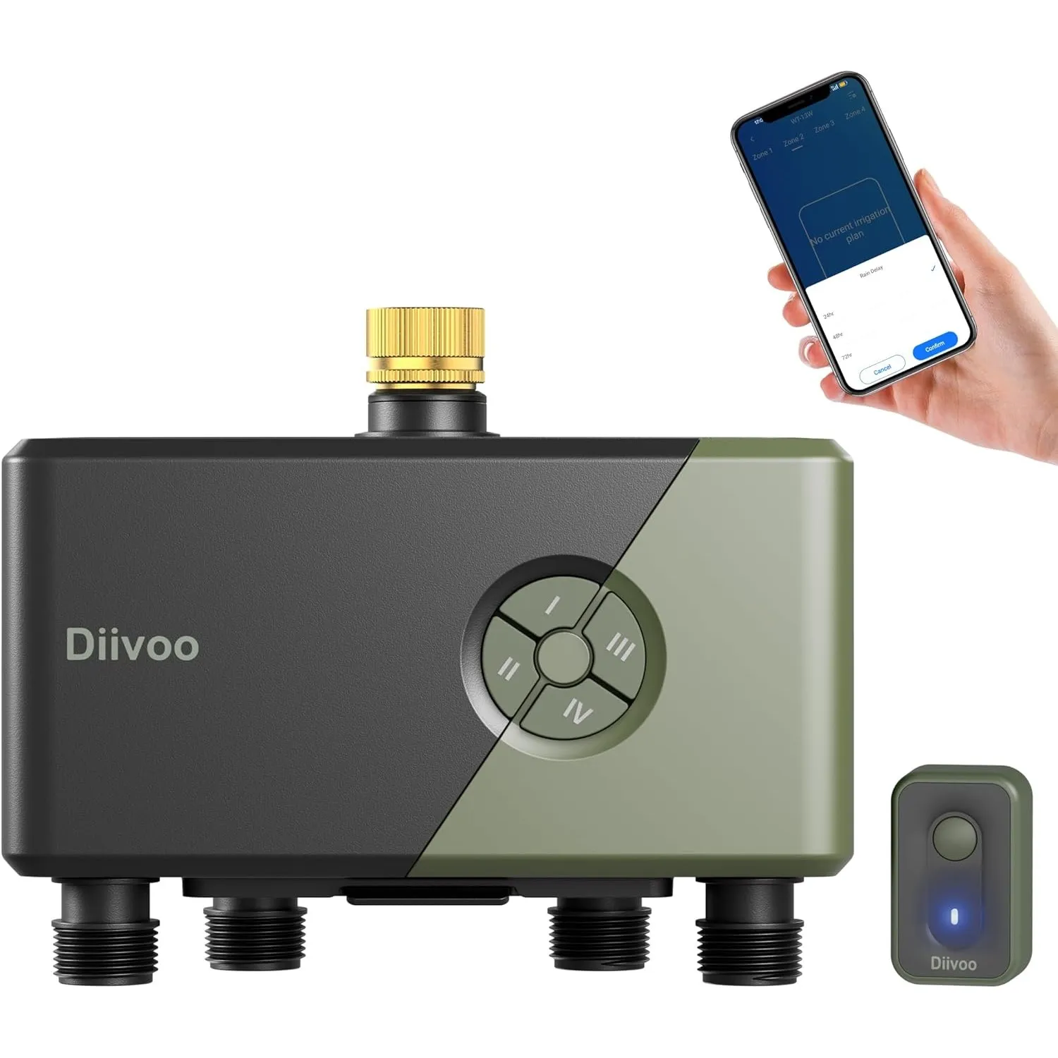Diivoo Bewässerungscomputer 4 Ausgänge WLAN mit Messingeinlass, Smart Wasserzeitschaltuhr Garten kompatibel mit Alexa/G…