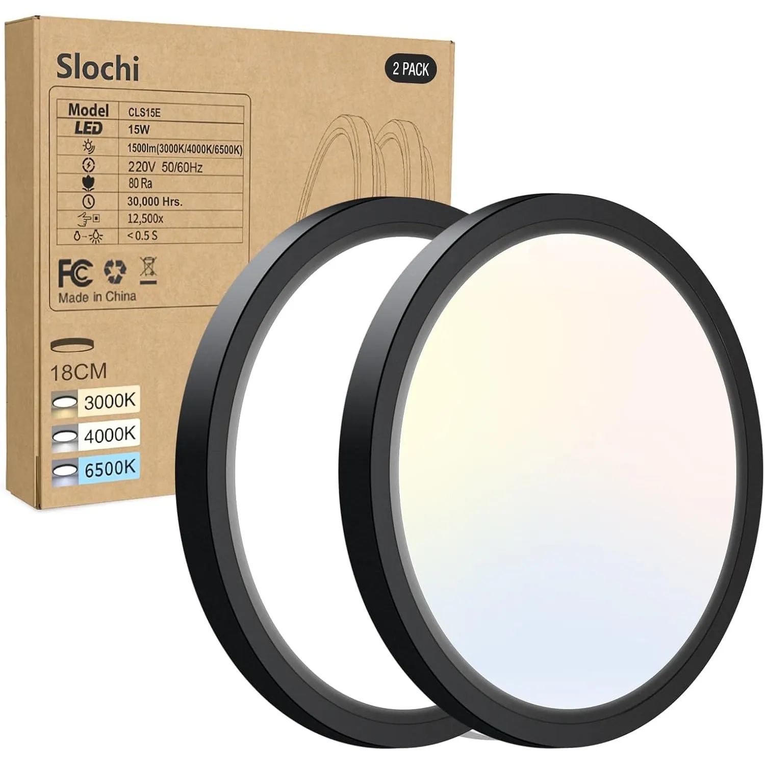 slochi 3Farben 3000/4000/6500K LED Deckenleuchte Flach, Ø18cm 15W 1500LM Deckenleuchten, Rund Modern Deckenlampe LED La…