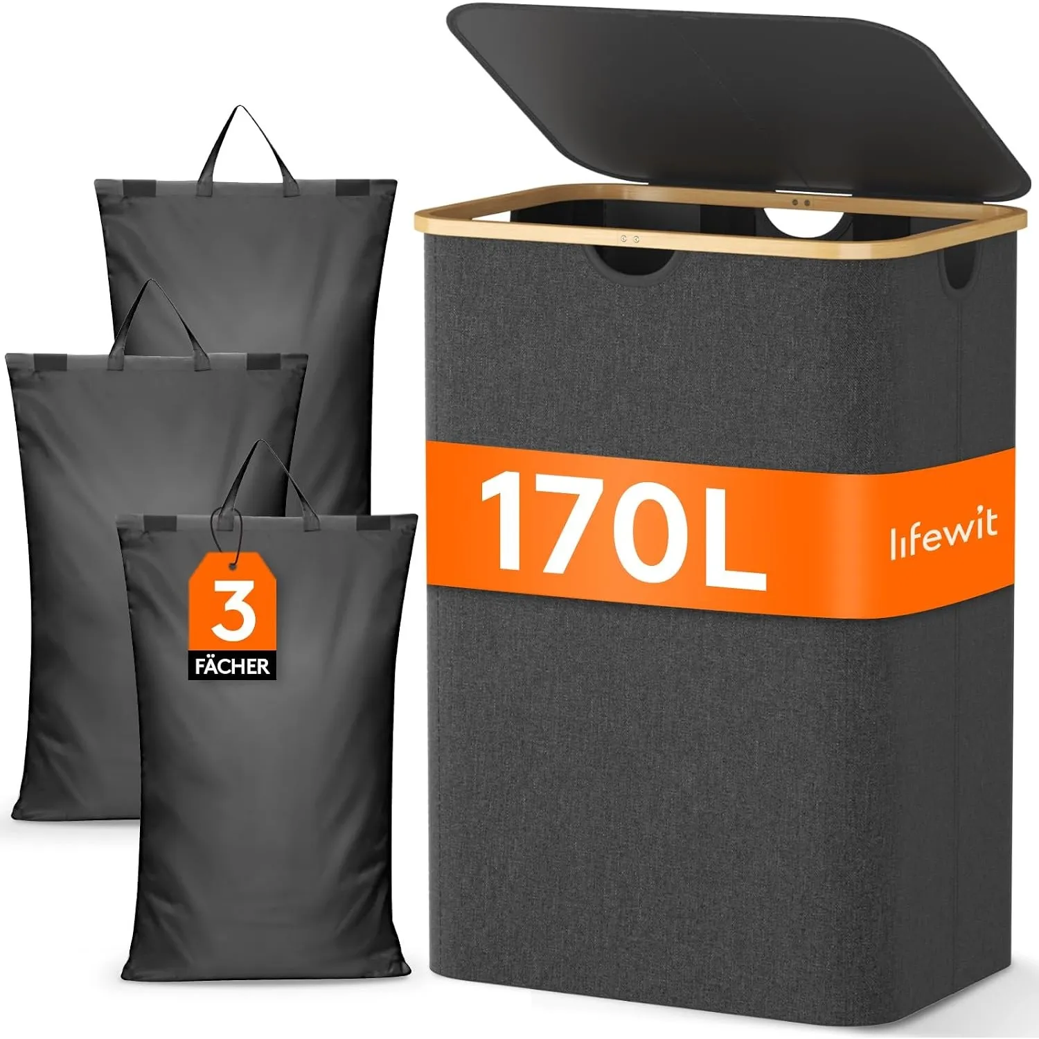 Lifewit 170L Wäschekorb mit 3 Fächern und Deckel, Dunkelgrau