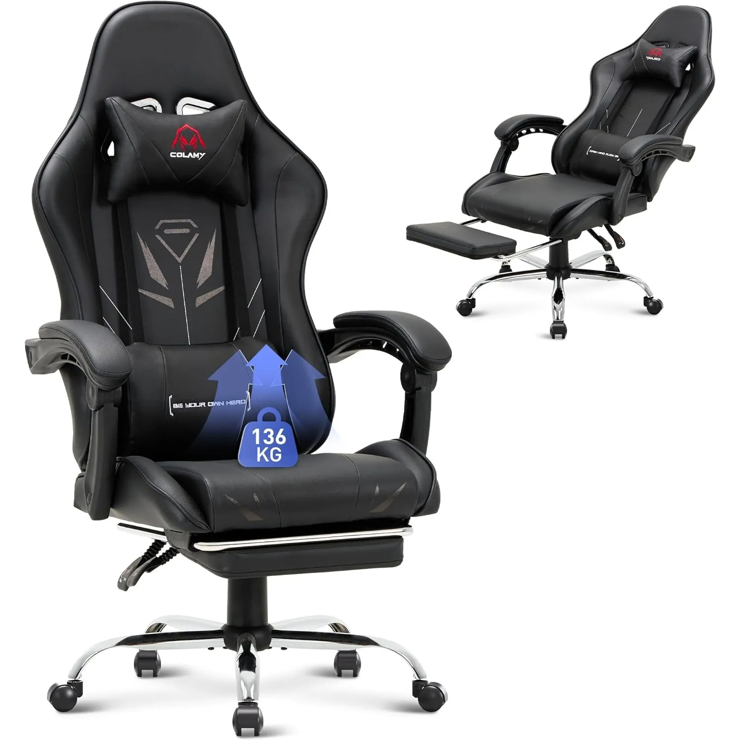 COLAMY Gaming Stuhl, Computer Stuhl mit Fußstütze und Lendenwirbelstütze, höhenverstellbarer Gaming Chair mit 360°-Dreh…