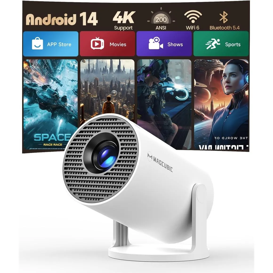 Magcubic Mini Beamer Projektor 4K Unterstützt Android 14, WiFi 6 BT 5.4