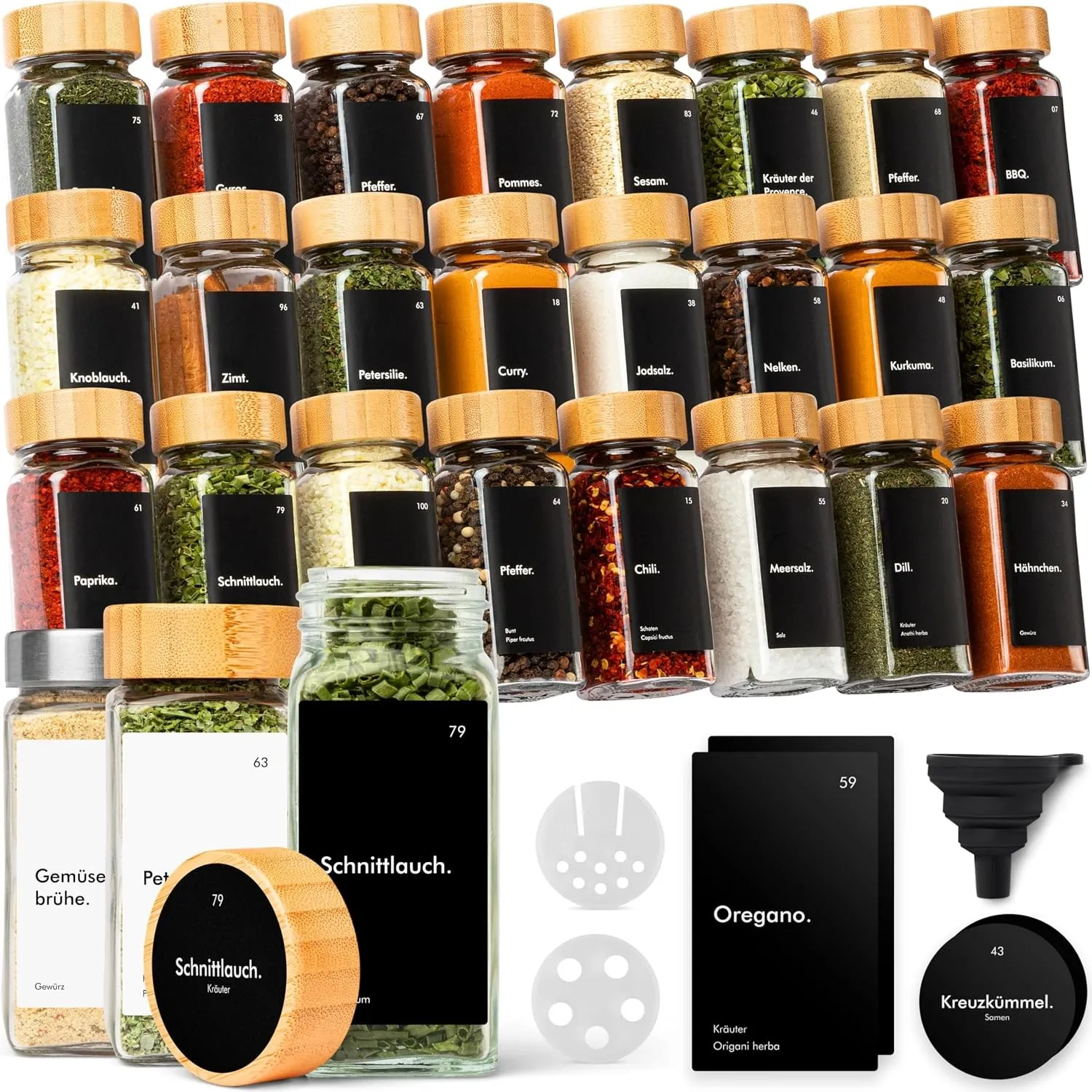 KIVY Gewürzgläser mit Streueinsatz - 24x 120ml + 240 Etiketten - Luftdicht