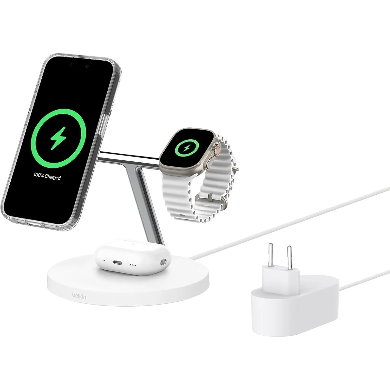Belkin BoostCharge Pro 3-in-1 Qi2 Kabelloses Ladegerät, MagSafe-Kompatibles Ladegerät, Induktive Ladestation für die Ap…