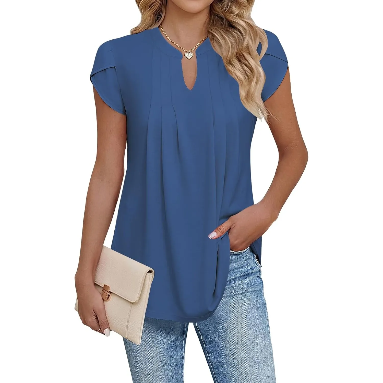 Cuptacc Damen Sommer Tunika V-Ausschnitt Blütenblatt Ärmel Bluse Elegant Lässig Basic Top S–XXL