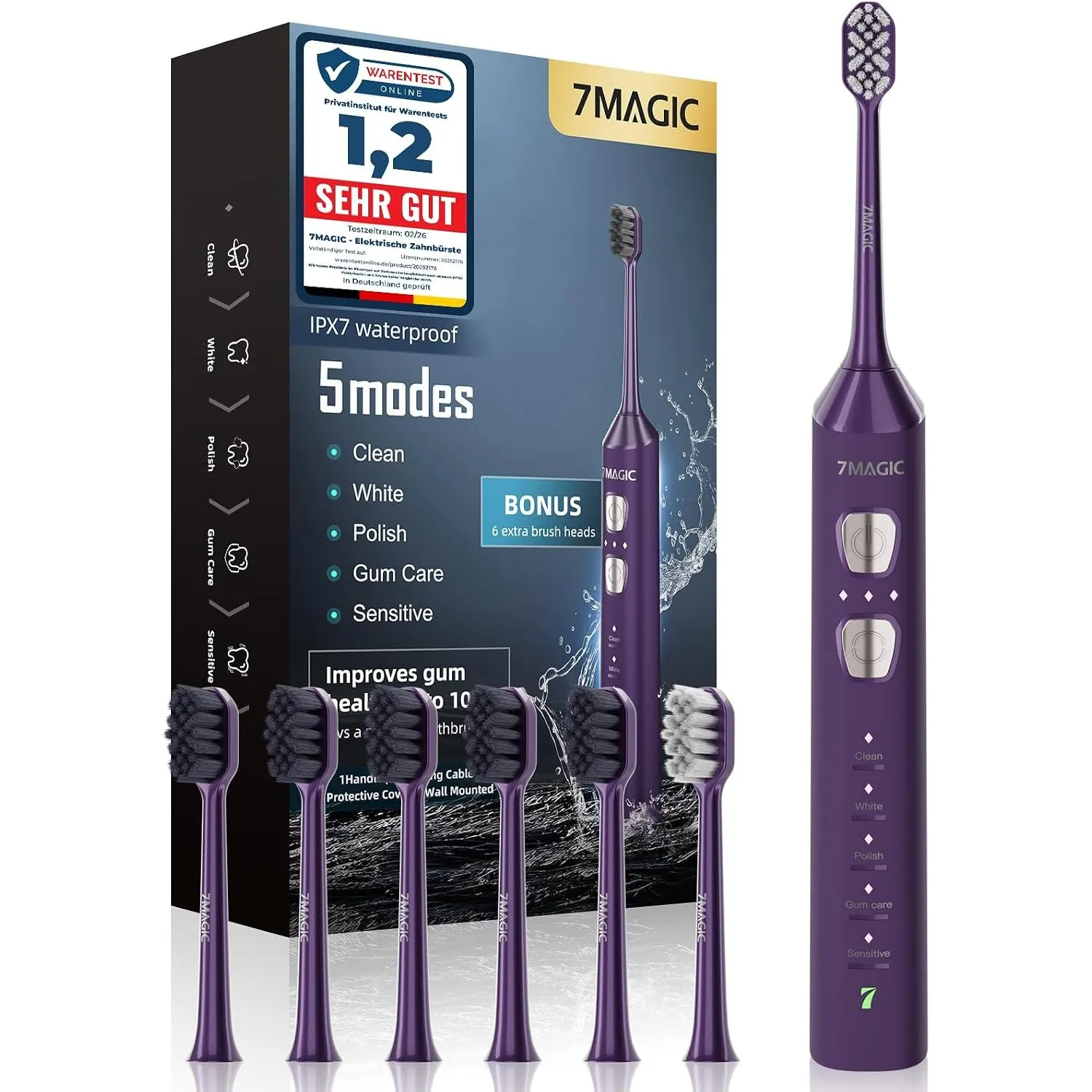 7MAGIC Elektrische Zahnbürste, Schallzahnbürste, 180 Tage Laufzeit, Lila