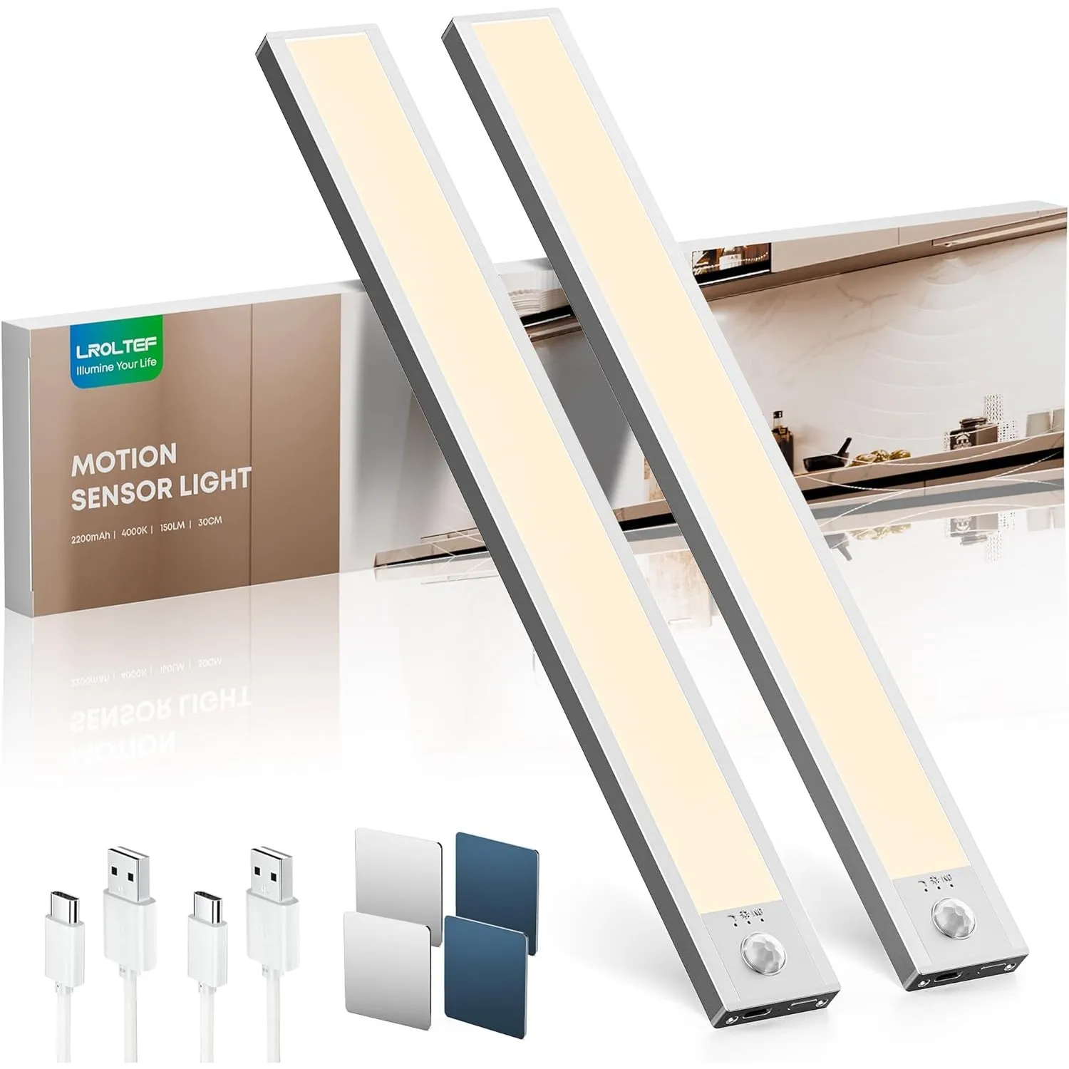 LROLTEF Schrankbeleuchtung Küche Led Lampe mit Bewegungsmelder 30cm 4000K | 2200mAh Unterbauleuchte Schranklicht mit Se…