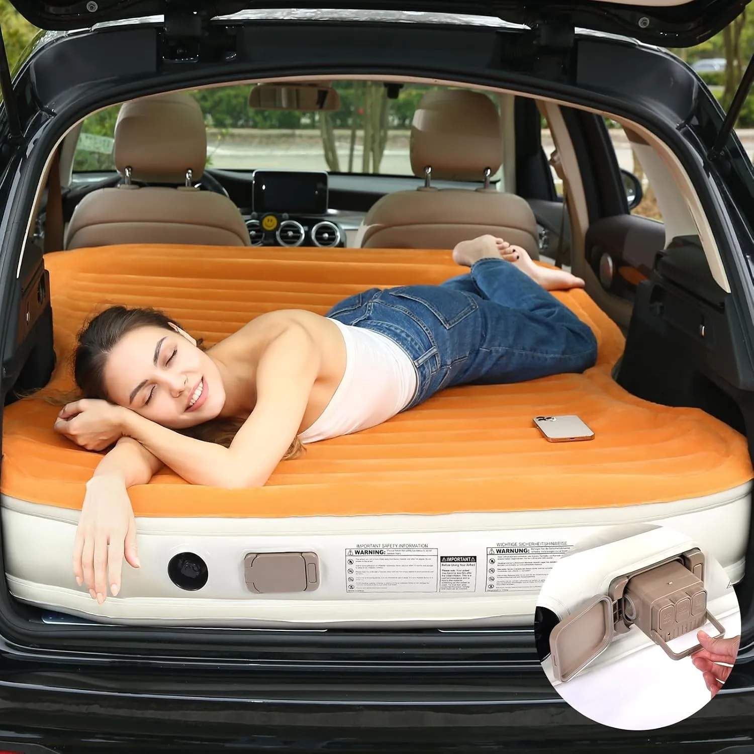 KMZ SUV-Luftmatratze mit eingebauter Pumpe und 2 Kissen, Dickes flockiertes PVC, schnelle 90-Sekunden-Inflation, tragba…