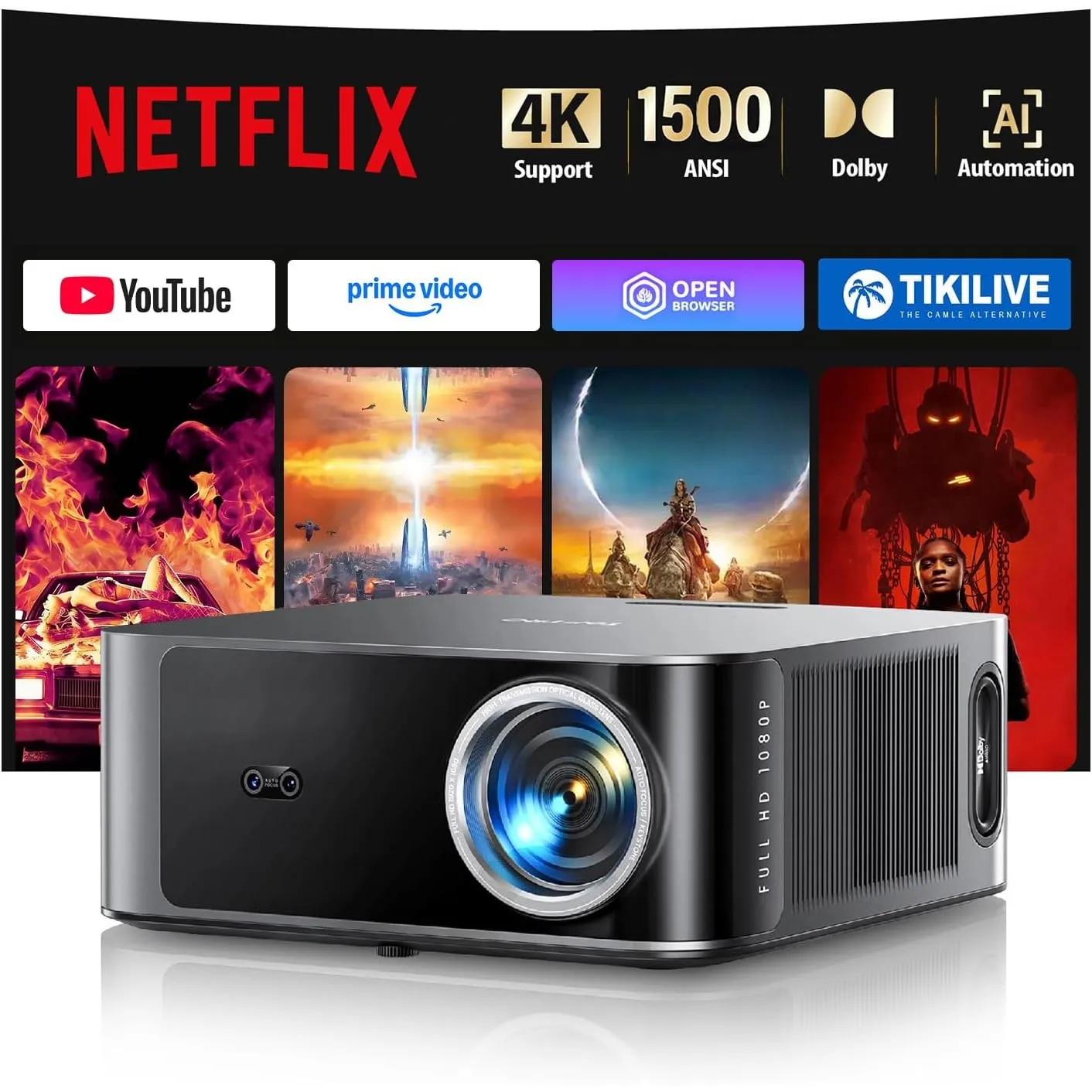 Beamer 4K【Kompatibel mit Netflix & Dolby Audio】 Toptro 1500 ANSI Smart Beamer Heimkino, 1080P Full HD Video Projektor m…