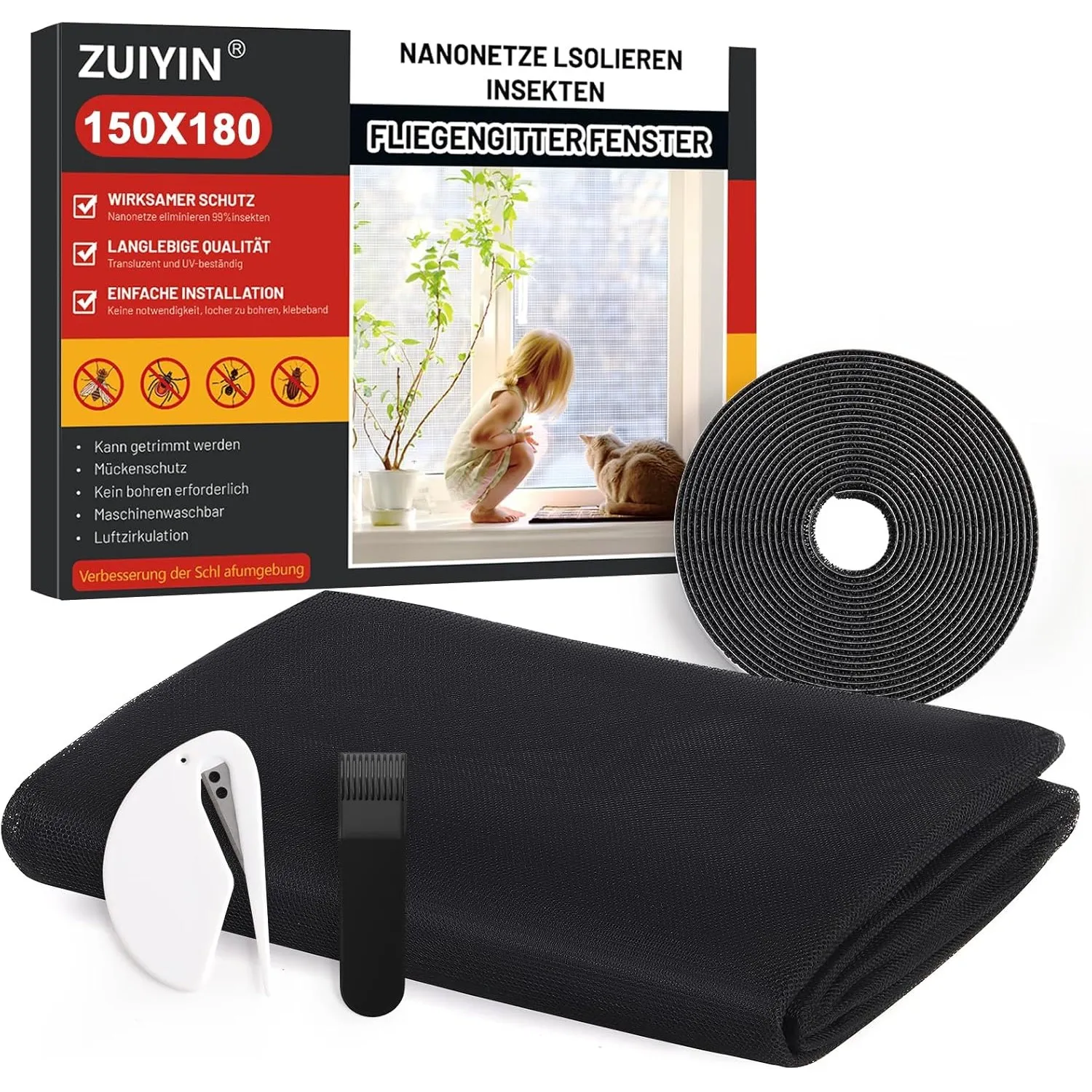 ZUIYIN Fliegengitter für Fenster 150 x 180cm Ohne Bohren Zuschneidbar Insektenschutz Fenster mit Starker Klettband Flie…