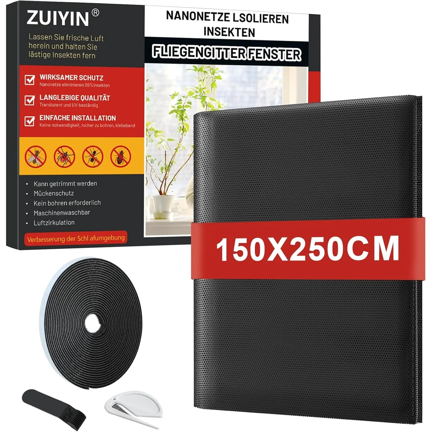 ZUIYIN Fliegengitter Fenster 150x250 cm, Insektenschutz Fenster ohne Bohren, Fliegennetz mit Upgrade 2.0 Klettband, Müc…
