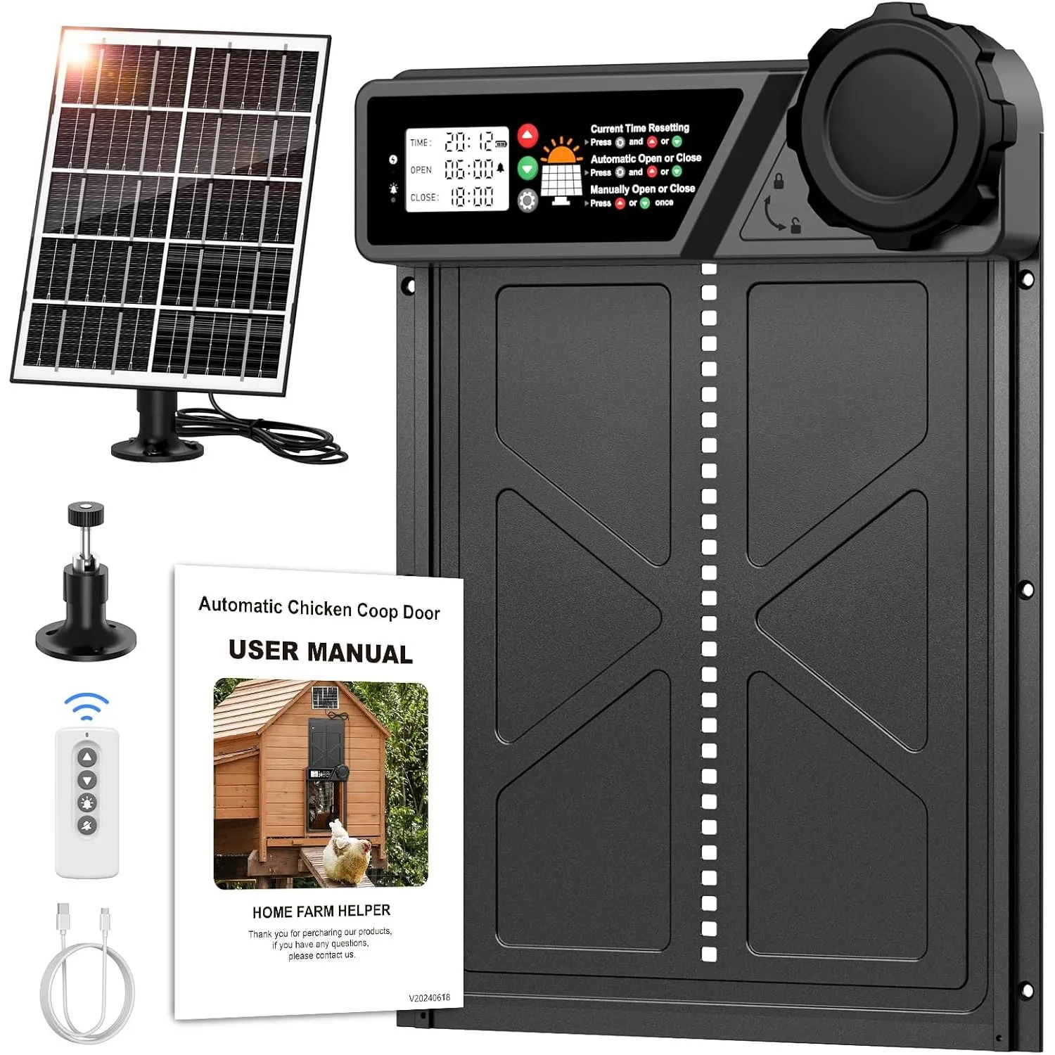 Große Automatische Hühnerklappe Solar, Aluminum Hühnerklappe Automatisch mit Großes Display, Timer, Fernbedienung, Inte…