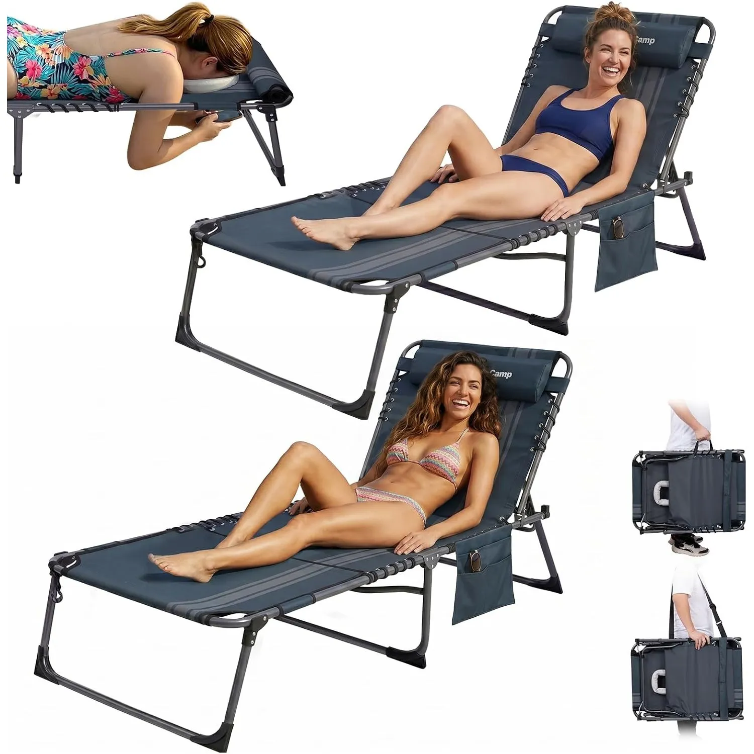 KingCamp Sonnenliege Klappbar mit Loch für Kopf Arme, 180 kg, 2er Set, Blau