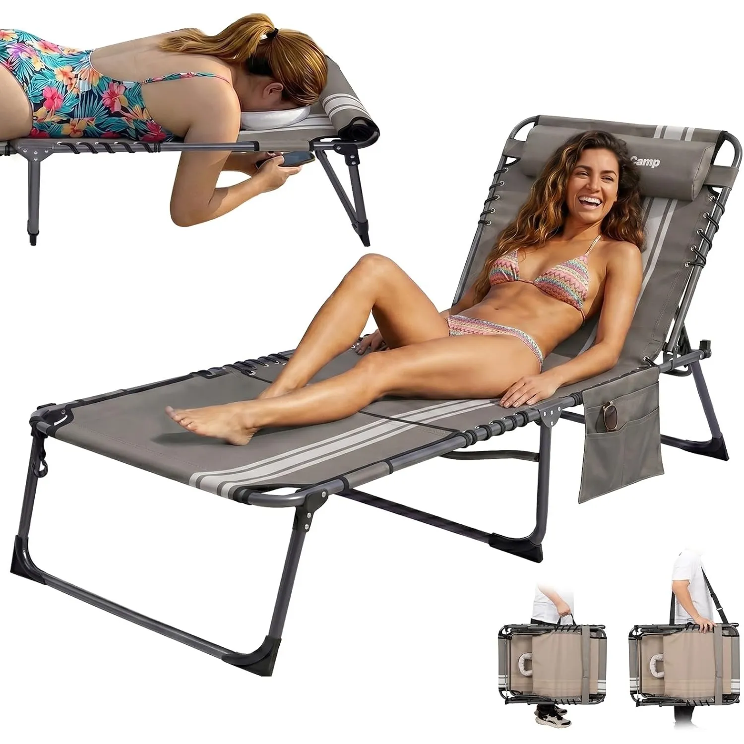 KingCamp Sonnenliege Klappbar mit Loch für Kopf & Arme, bis 180 kg, Grau | Gartenliege Klappbar, 5-Position-Verstellbar…