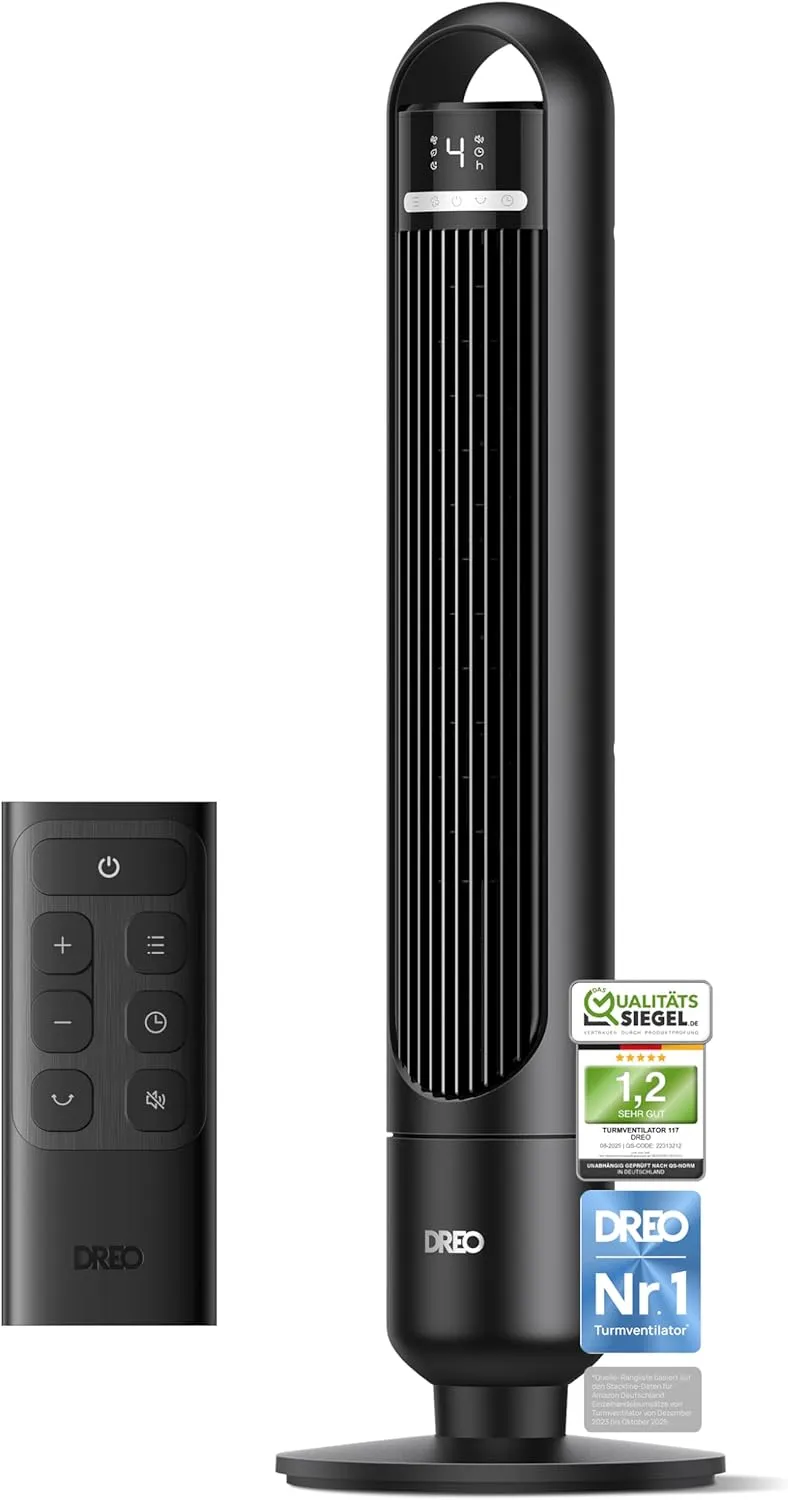 DREO Quiet Tower Fan, Fan with Cooling, Remote Control for Bedroom, Tower Fan with 4 Speeds, 3 Modes, 9.8 m Wind Range,…