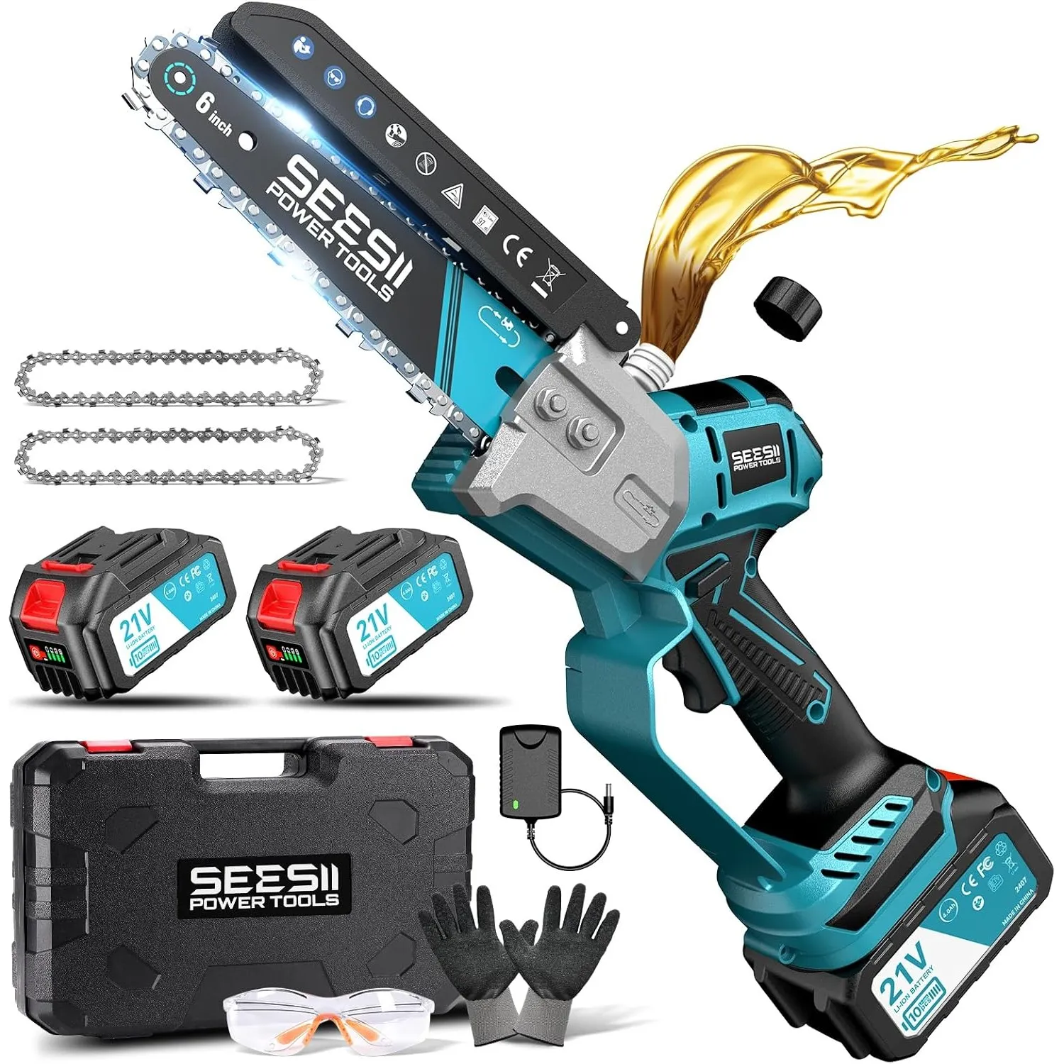SEESII Mini Kettensäge mit Akku 8000mAh, Akku Handkettensäge 6 Zoll, Bürstenlose Akkusäge mit Automatischem Öler, Kompa…