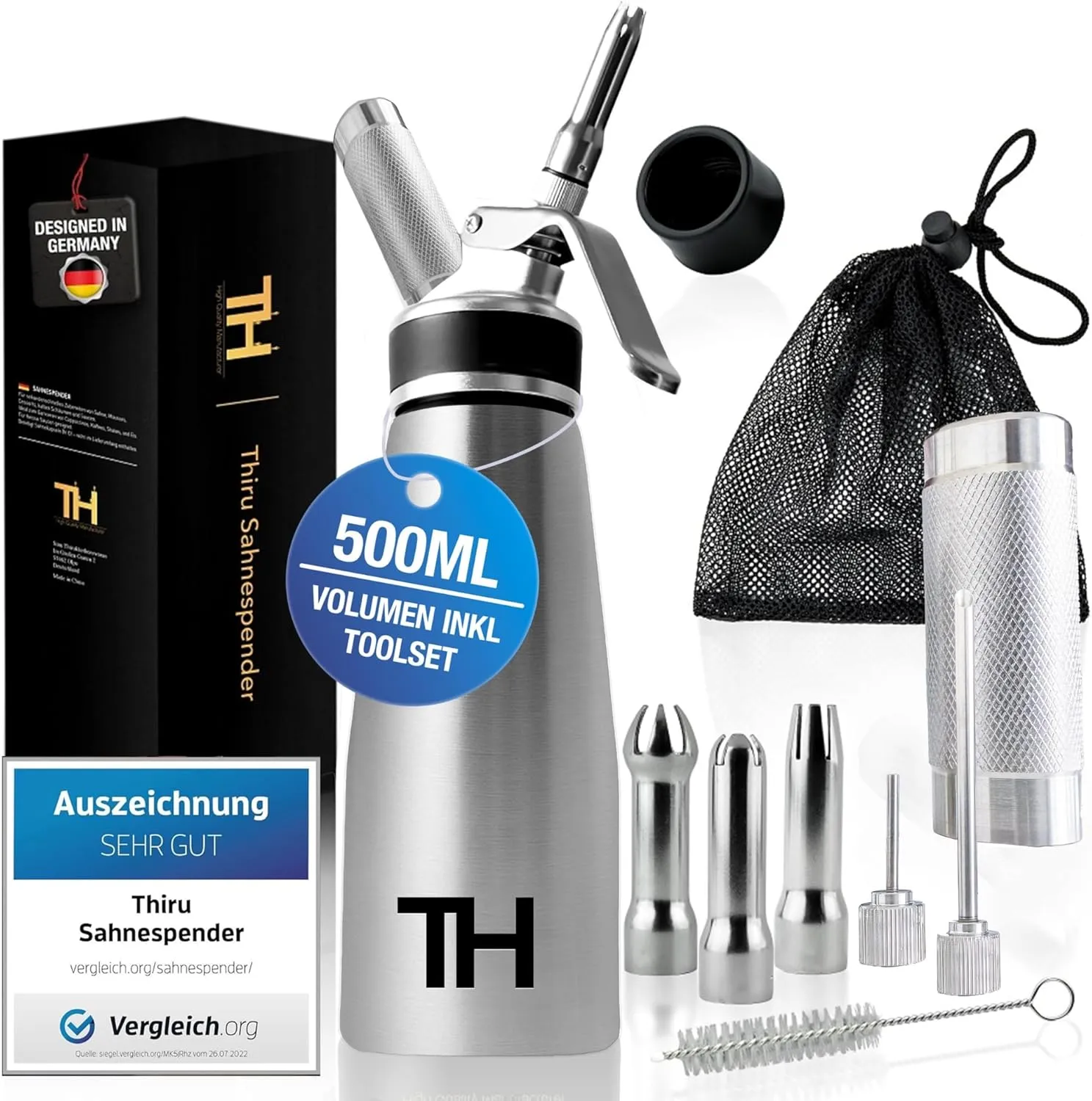 Thiru Sahnespender Edelstahl inkl.Toolbox 500ml - Ideal für Gastronomie - Note "sehr gut" - 100 Tage testen - mit eBook…