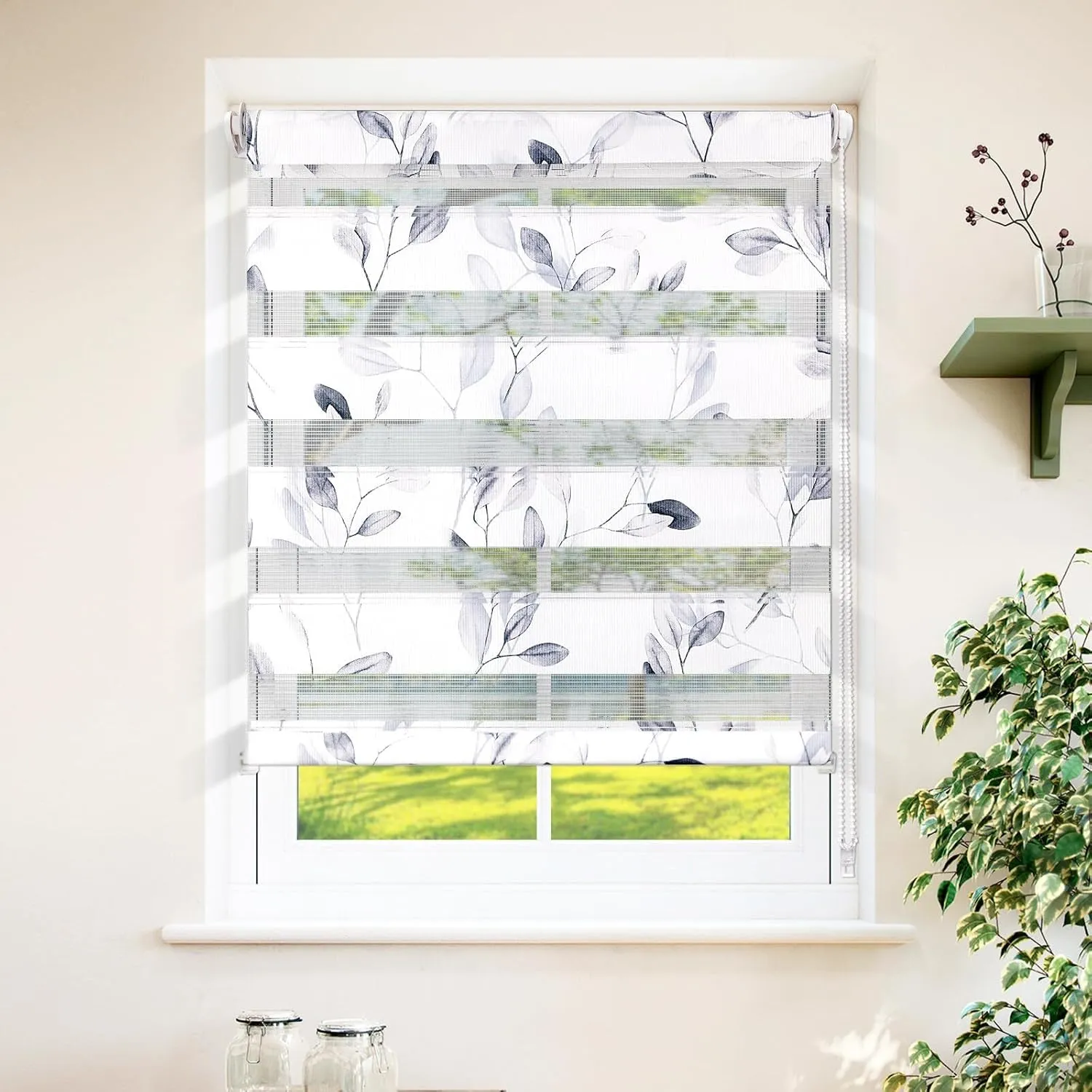 Grandekor Doppelrollo Klemmfix ohne Bohren mit Muster B90 x H140 cm (Stoffbreite 86cm) Blätter der Freiheit, Duo Rollo …
