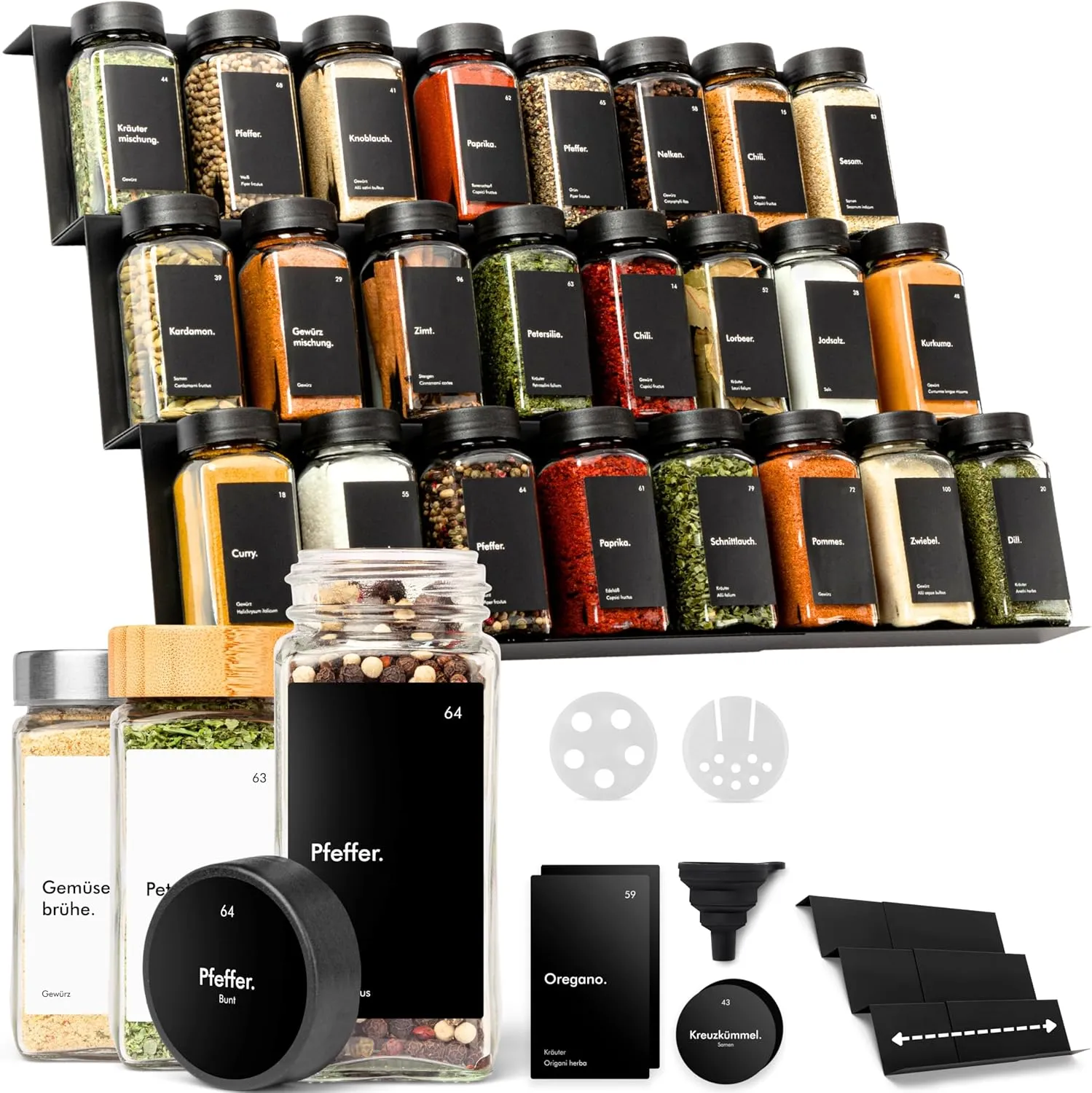 KIVY Spice Rack with Jars, Includes 24 Spice Jars with Labels, Adjustable & Suitable for All Drawers, Spice Jars with S…