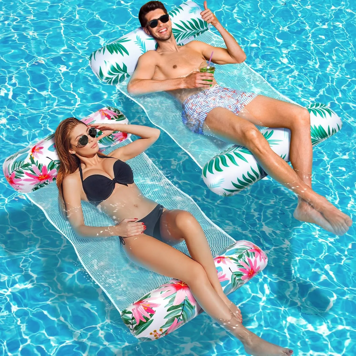 Amteker Luftmatratze Pool XL, 2 Stück Wasserhängematte Erwachsene, 4 in 1 Luftmatratze Wasser Pool Zubehör Spaß, Aufbla…