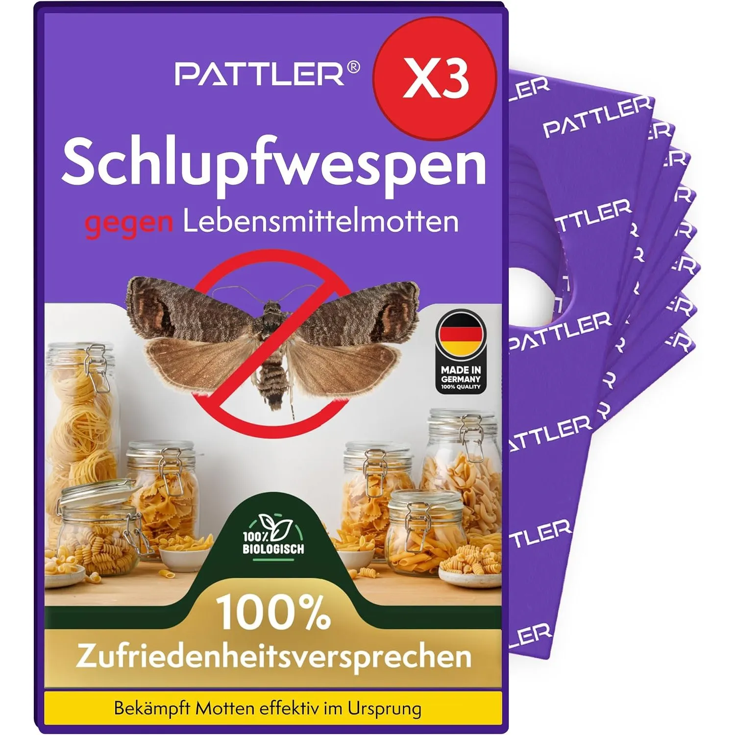 PATTLER® Schlupfwespen gegen Lebensmittelmotten – 3 Karten à 4 Lieferungen – Lebensmittelmotten bekämpfen ohne Chemie –…