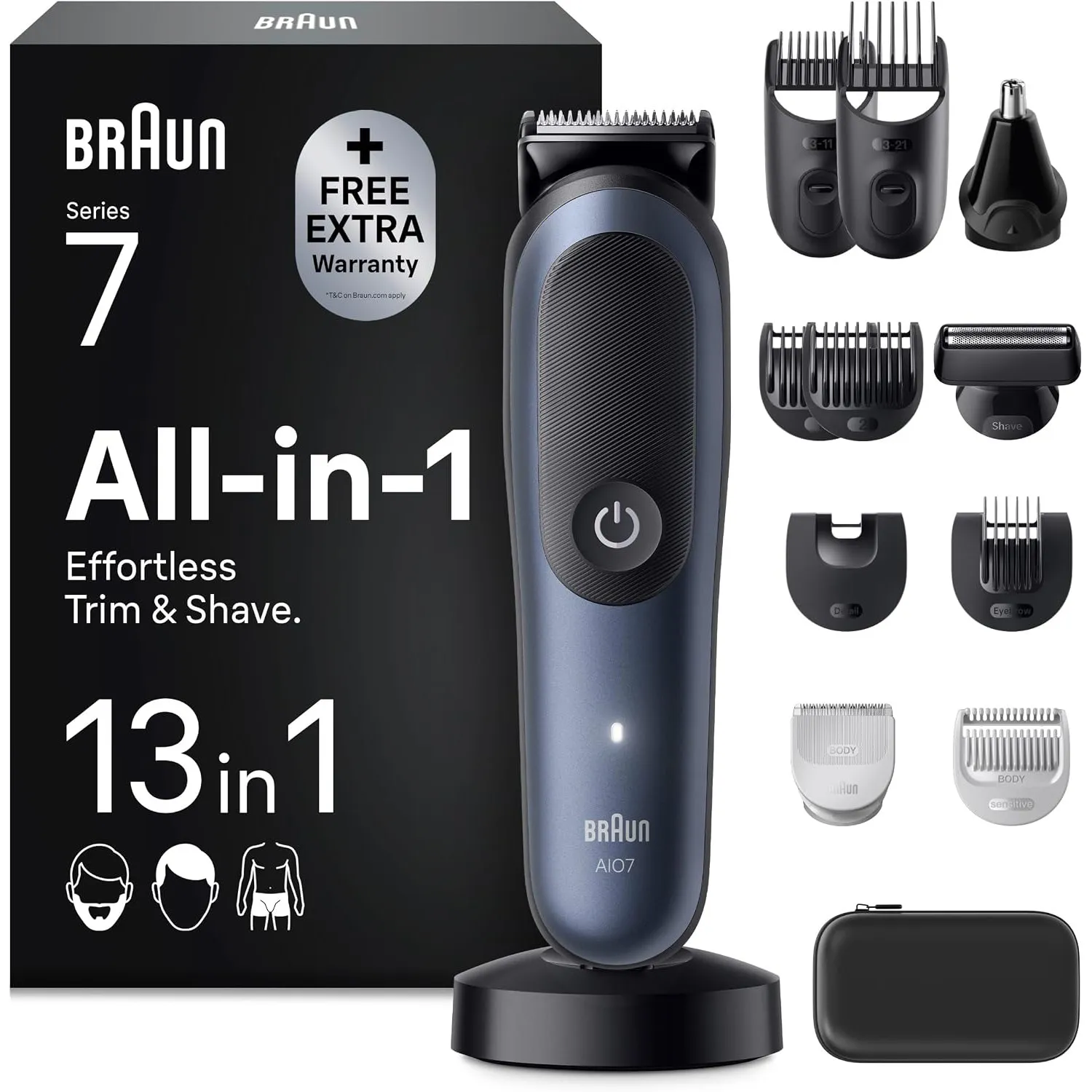 Braun Multigroom All-in-One Series 7, 13-in-1 Trimmer-Set 7, AIO7565, Blau