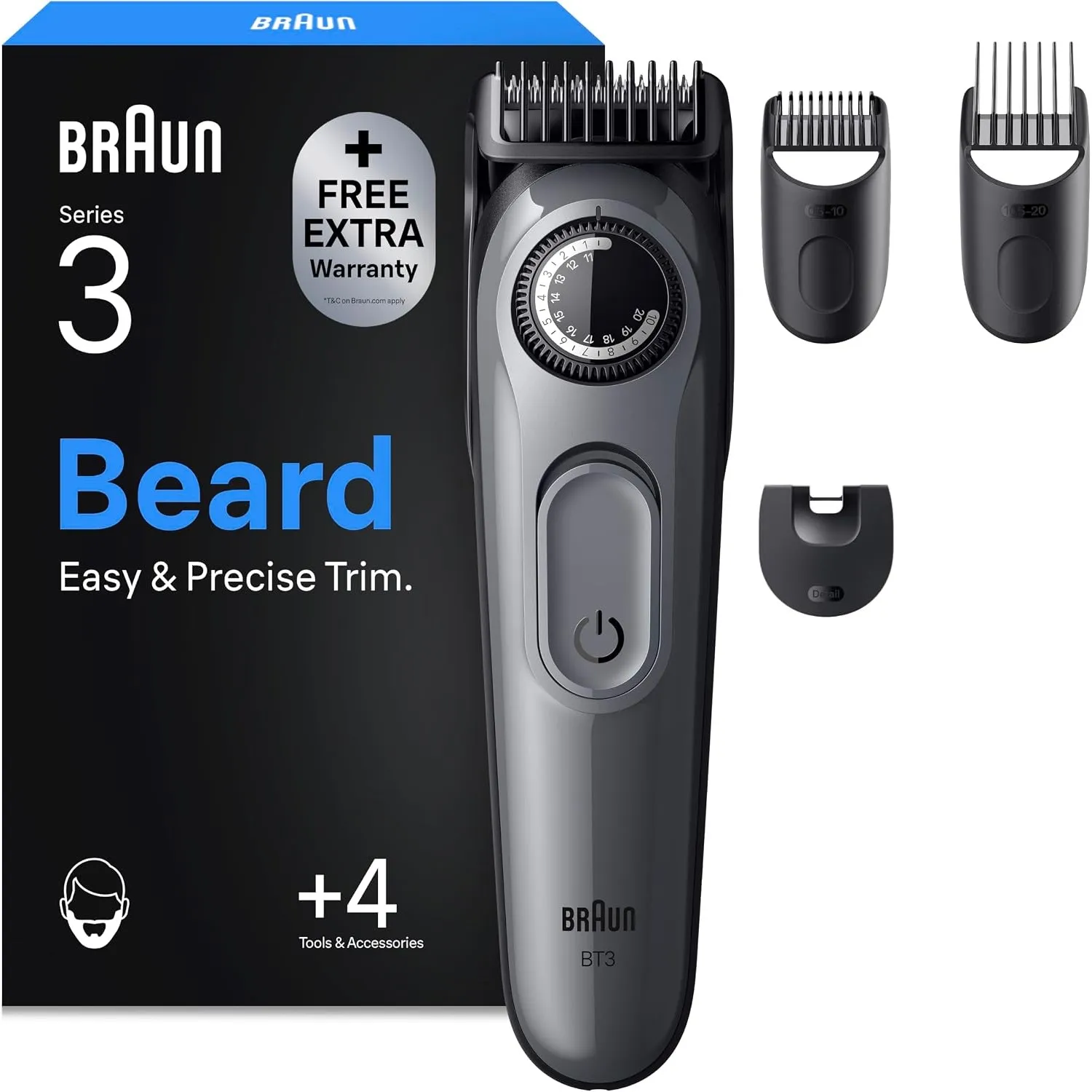 Braun Barttrimmer Series 3, Kabelloser Bartschneider Herren, BT3525, Grau