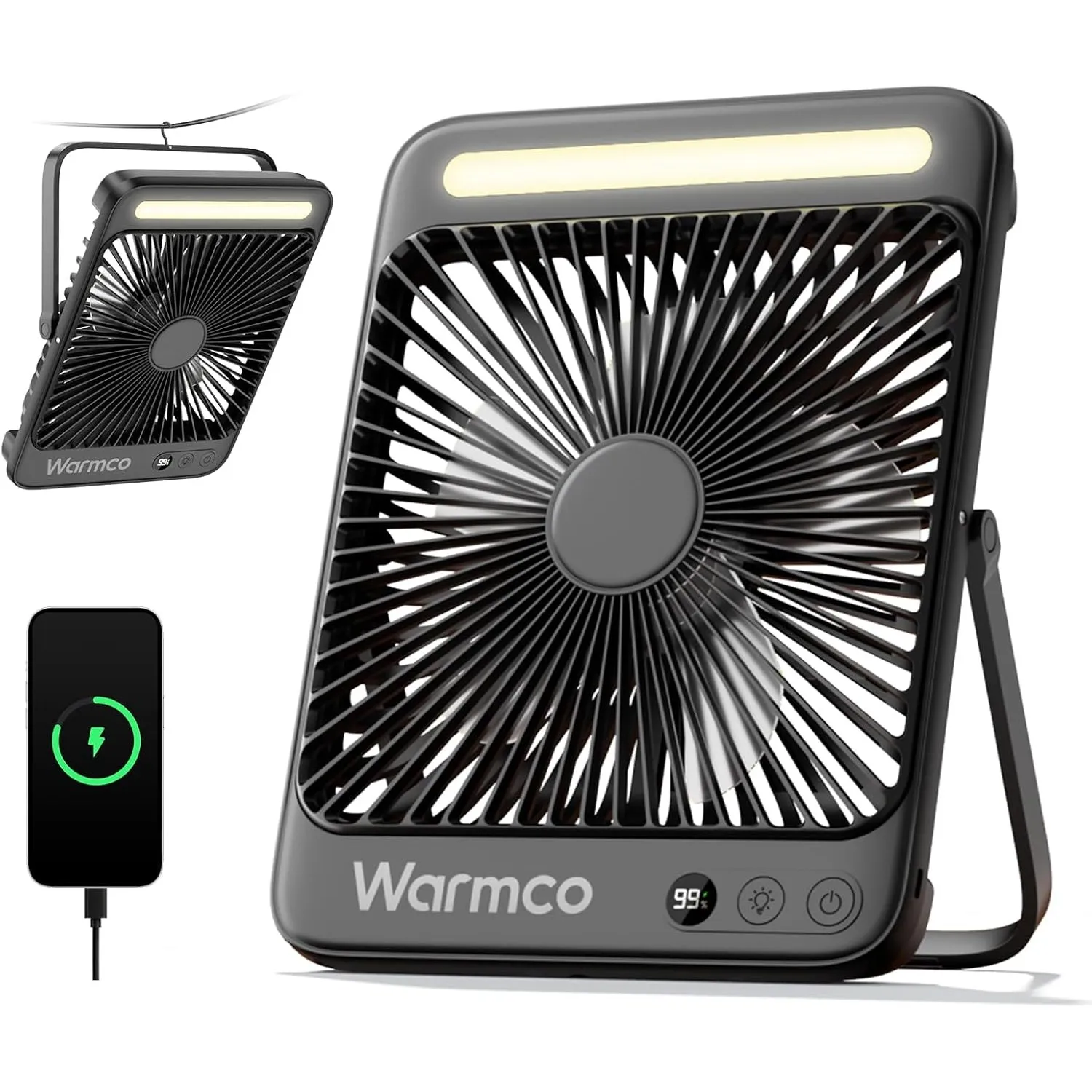 Warmco 20000mAh Akku Camping Ventilator Leise 27cm mit Lampe, 15-48 Std. Laufzeit, Ultraflach, Display, Haken, USB Tisc…