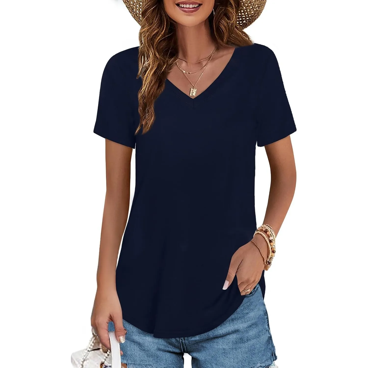 Elesomo Damen T Shirts Baumwolle Kurzarm/Langarm V Ausschnitt Oberteile