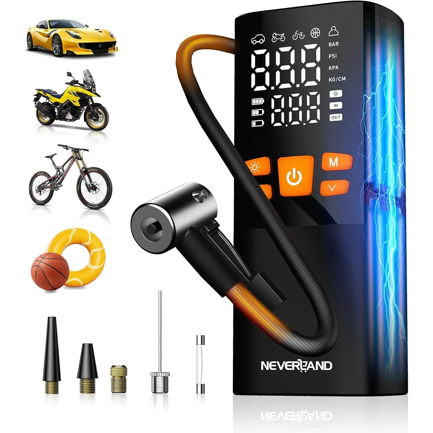 NEVERLAND Elektrische Luftpumpe Akku Kompressor, 10,3Bar/150 PSI, 16000mAh, tragbare Fahrradpumpe mit Auto-Stopp, Manom…