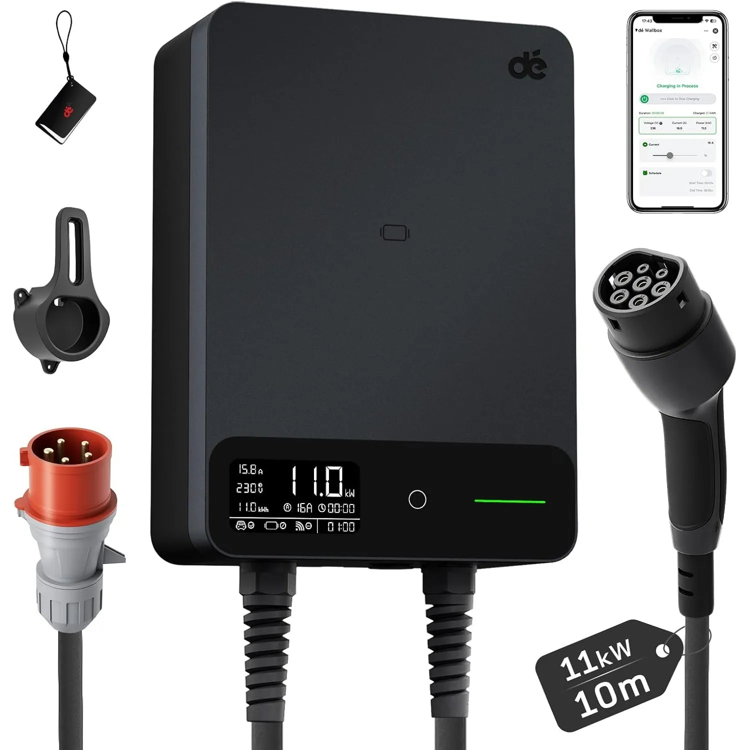 dé Wallbox 11kW mit APP, 10m Typ 2, §14a EnWG, EV Ladestation, Schwarz | mit Kabelhalter, 3-Phasen (6-16A, 400V), für B…