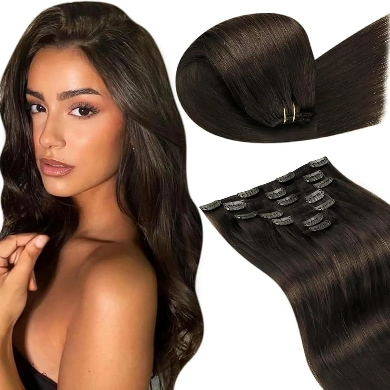 LaaVoo Braun Extensions Clip in Echthaar Clip in Extensions 50cm Gerade Haarverlängerung Clips Extensions Echthaar Lang…