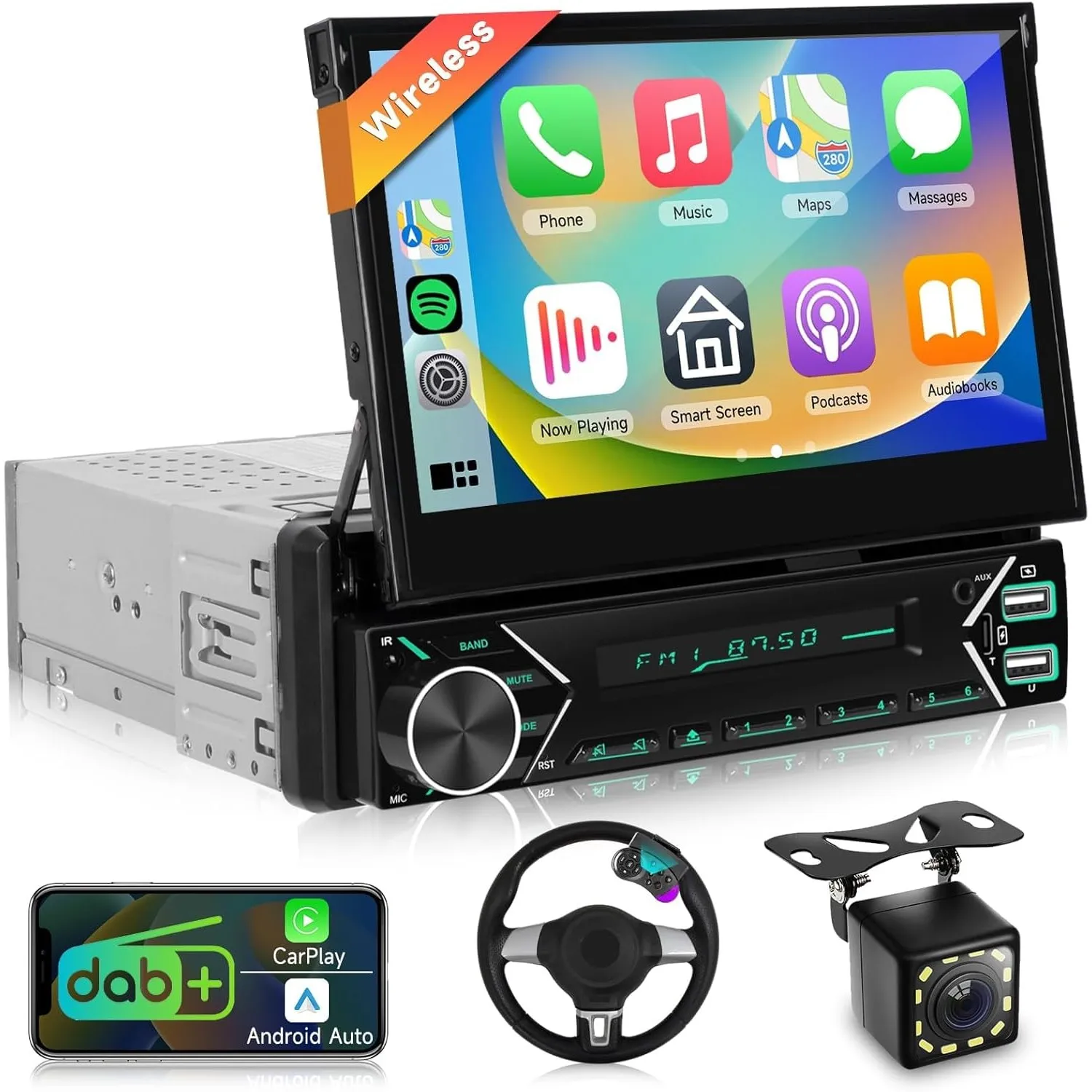 1 DIN DAB+ Autoradio mit 7" automatisch ausfahrbarem Bildschirm, Podofo Wireless CarPlay & Android Auto, Bluetooth, Mir…