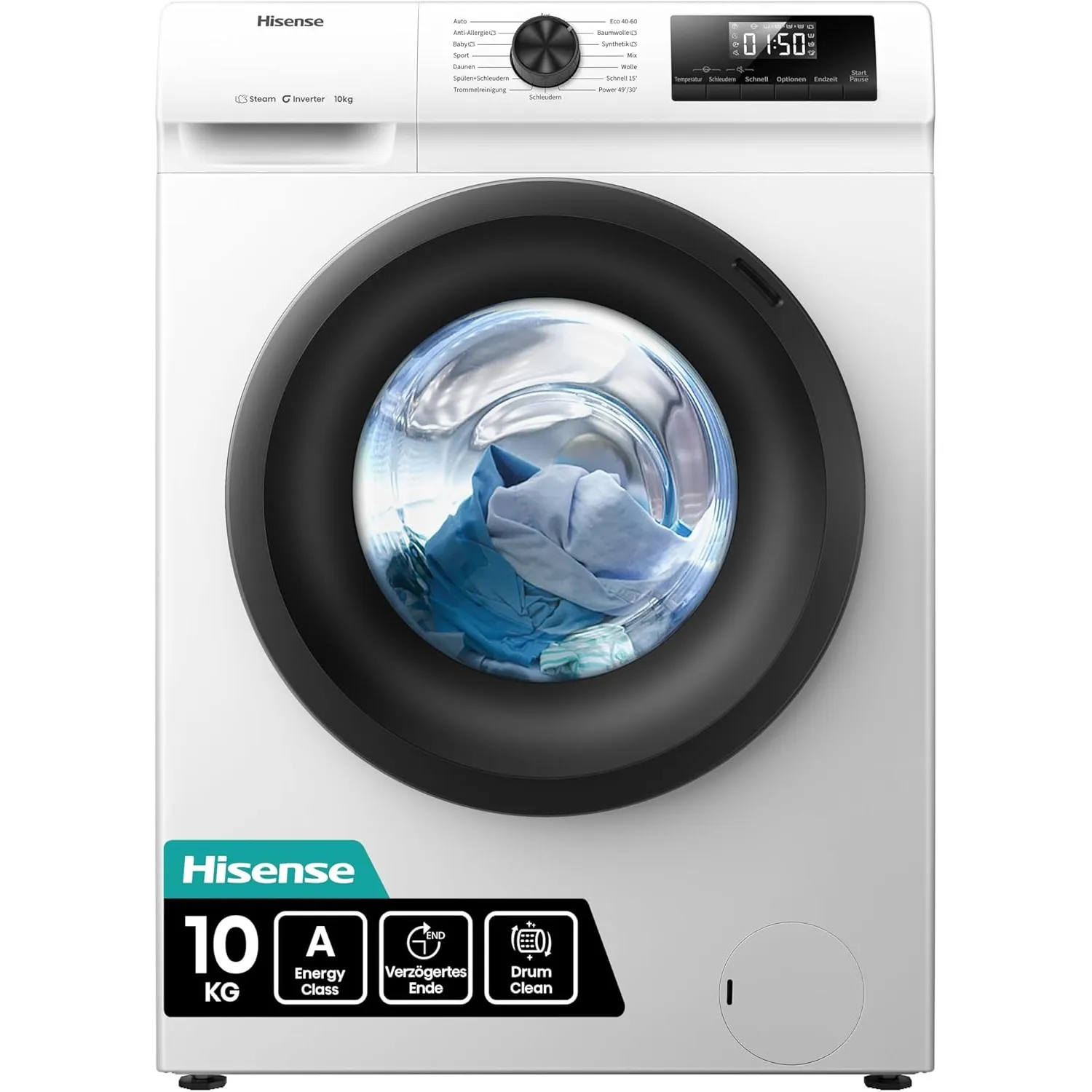 Hisense WF1Q1041BW Waschmaschine mit Dampffunktion, 10KG, 1400 U/Min, 15 Programme, Anti-Allergie Programm, Baby-Wäsche…