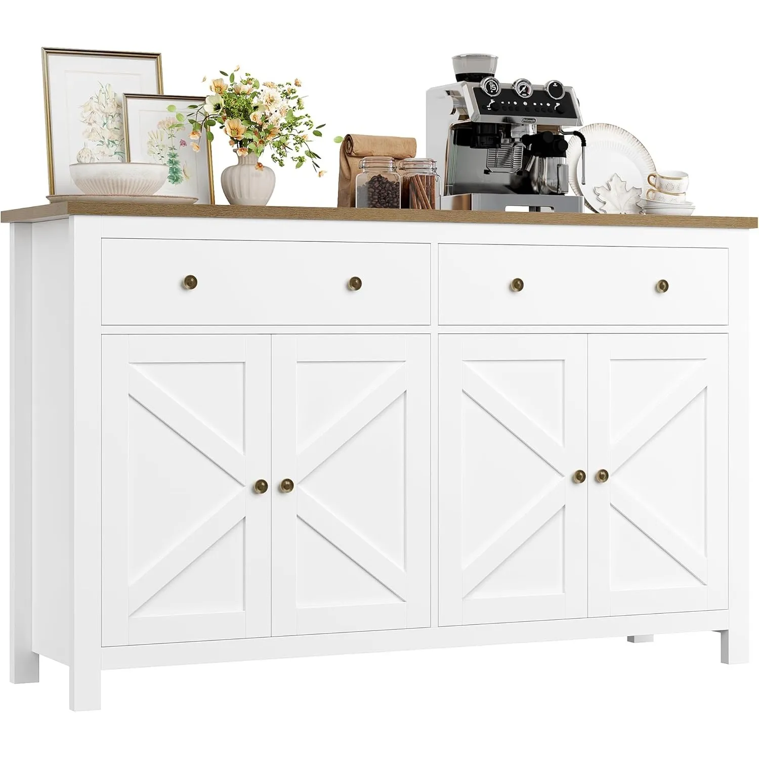 FirFurd Sideboard 140cm Küchenschrank mit 2 Schubladen 4 Türen weiß